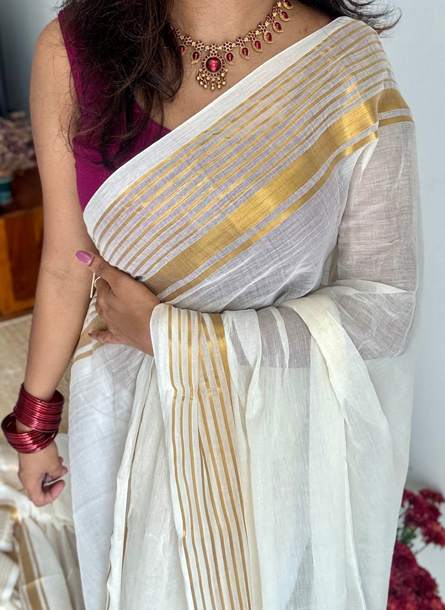 Ivory with gold striped border, mul cotton - YCON25BCM34