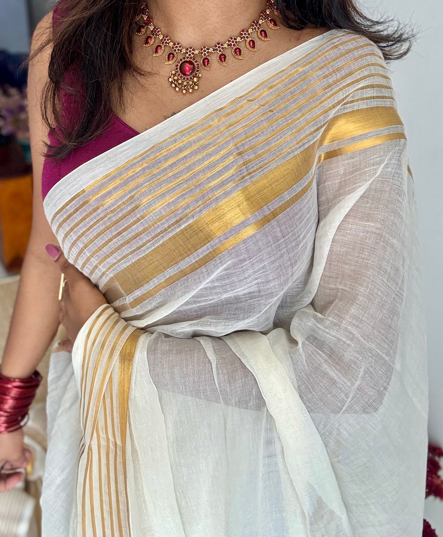 Ivory with gold striped border, mul cotton - YCON25BCM34