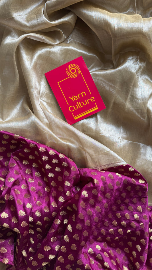 Chaand Phool - Moonflower : Pearl White with Purple Pink Brocade Pallu & Blouse, Mul Tissue - YCTMEMT04