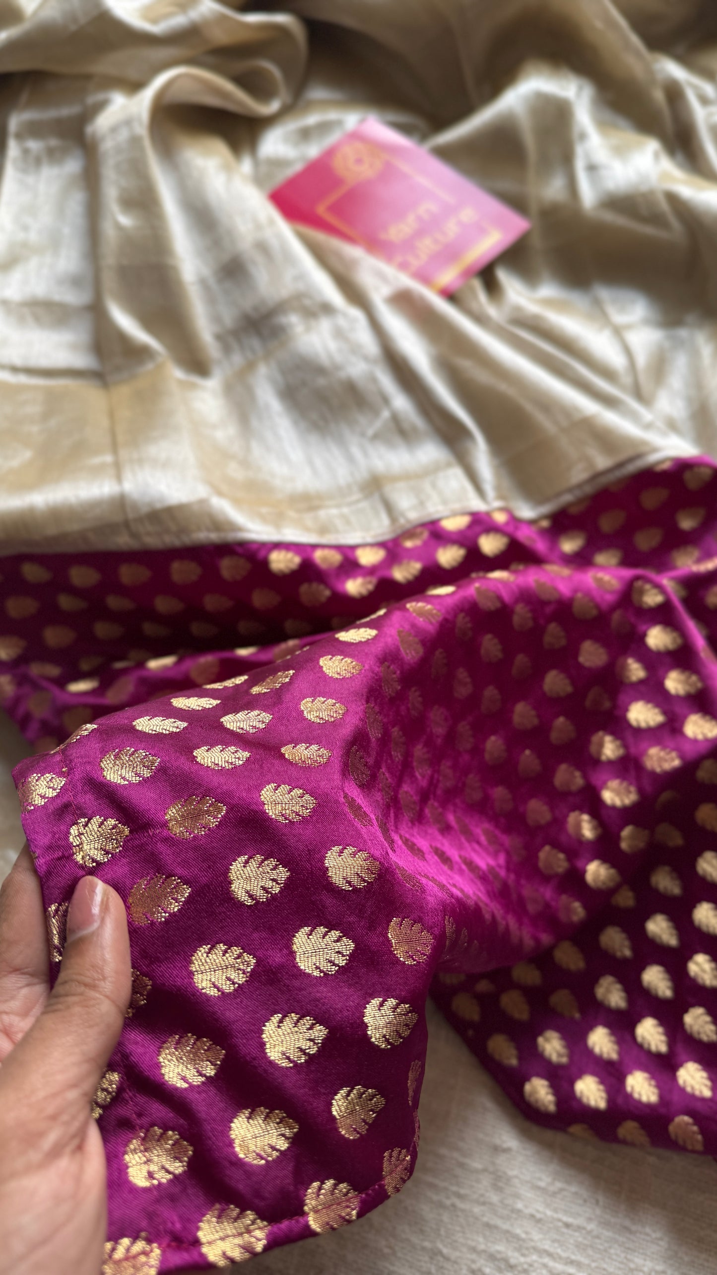 Chaand Phool - Moonflower : Pearl White with Purple Pink Brocade Pallu & Blouse, Mul Tissue - YCTMEMT04