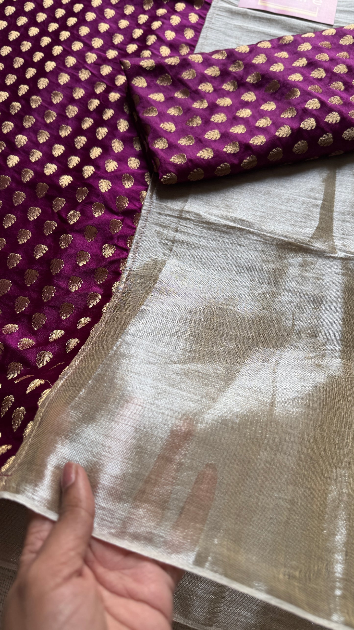 Chaand Phool - Moonflower : Pearl White with Purple Pink Brocade Pallu & Blouse, Mul Tissue - YCTMEMT04