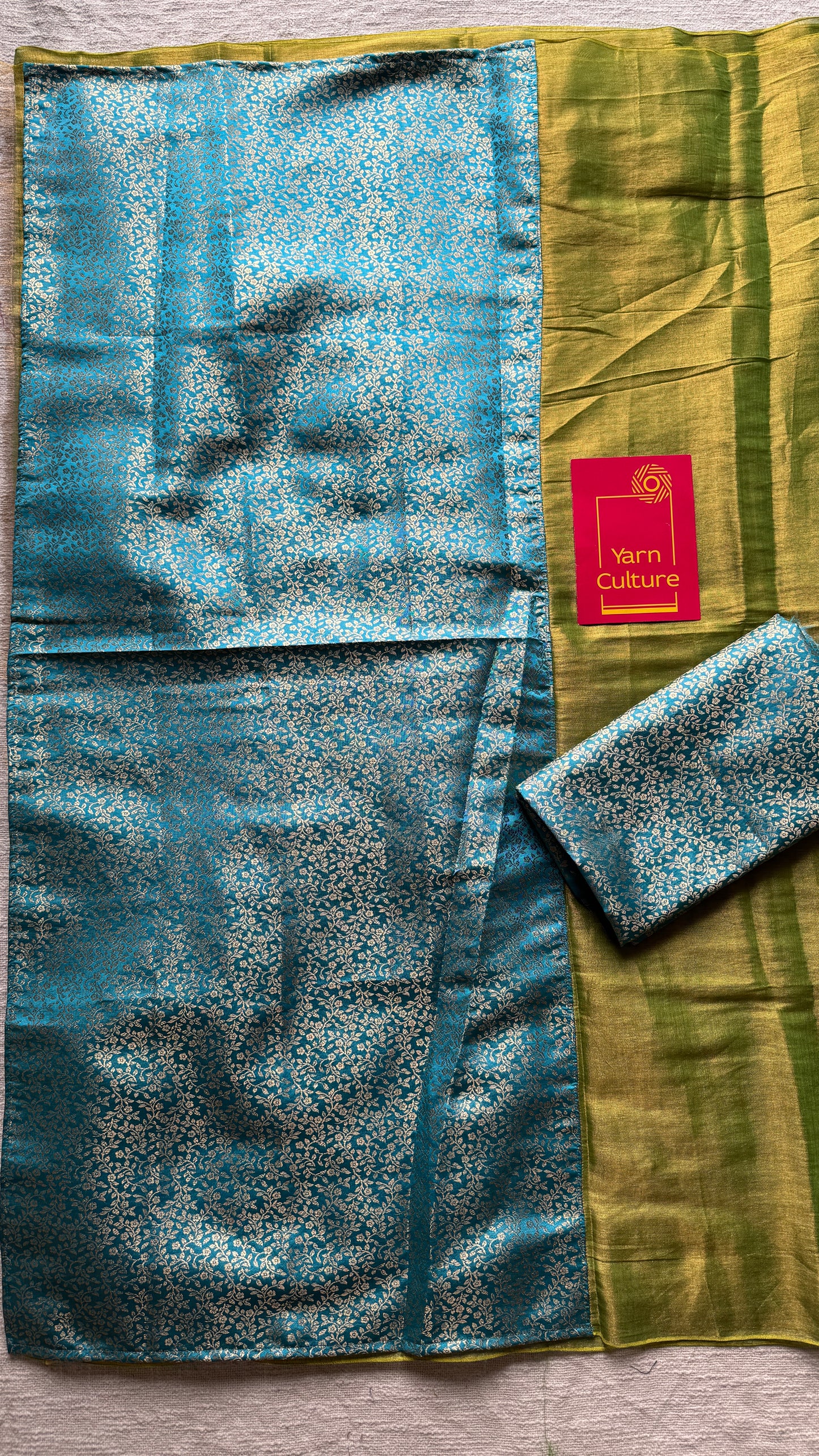 Noor-e-Hara - Glow of Green : Green with Blue and Gold Brocade Pallu & Blouse, Mul Tissue - YCTMEMT06