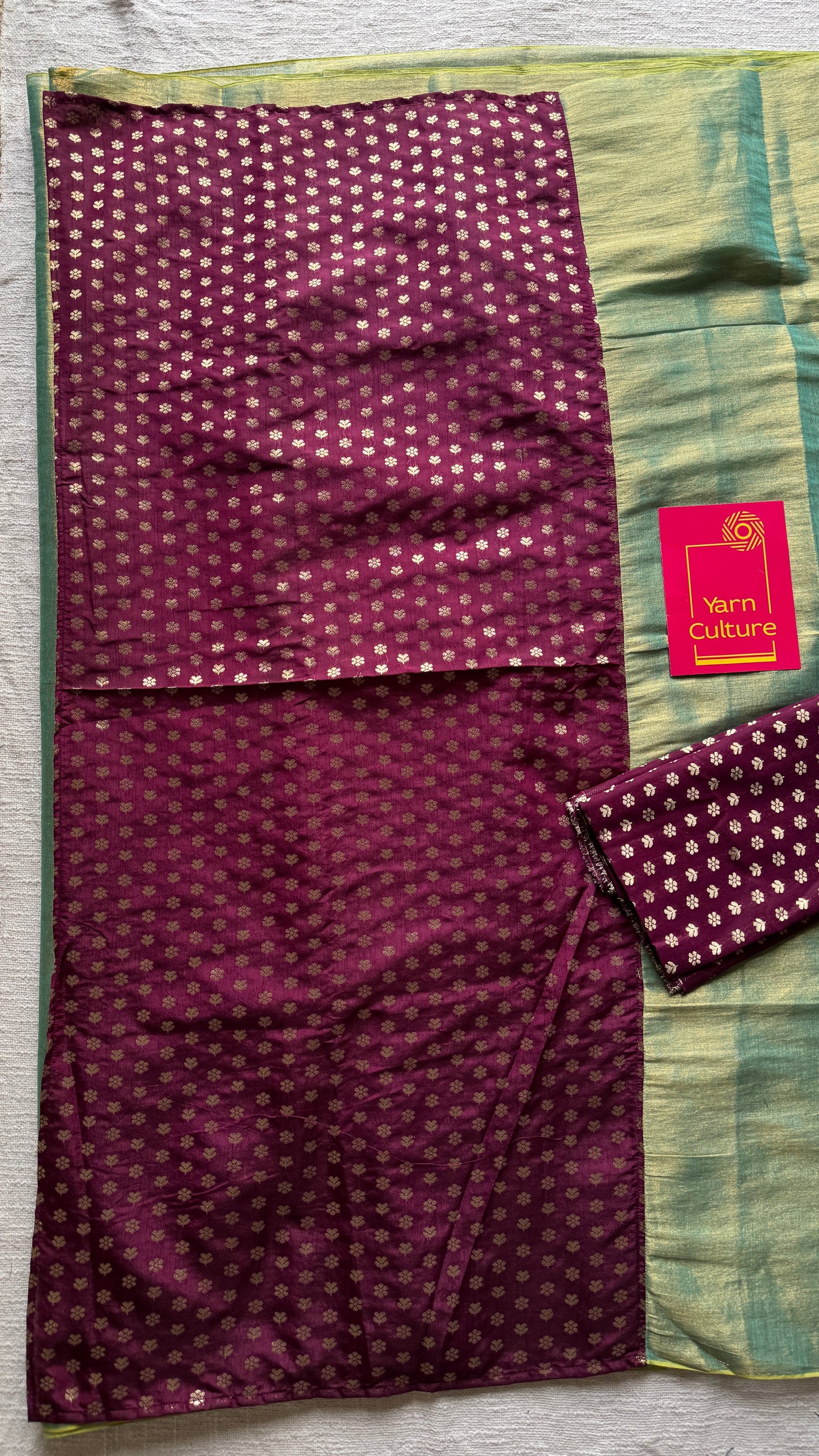 Sageen Khwaab - Serene Dream : Mint Green with Wine and Gold Brocade Pallu & Blouse, Mul Tissue - YCTMEMT07