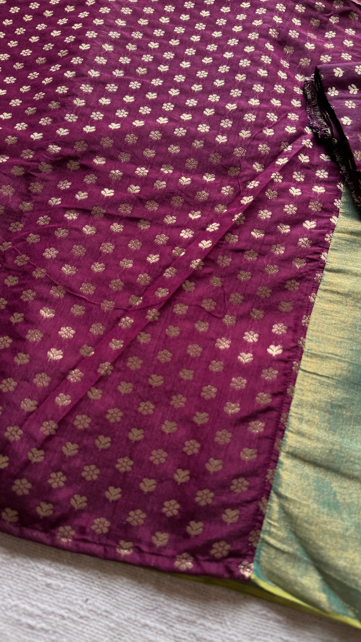 Sageen Khwaab - Serene Dream : Mint Green with Wine and Gold Brocade Pallu & Blouse, Mul Tissue - YCTMEMT07