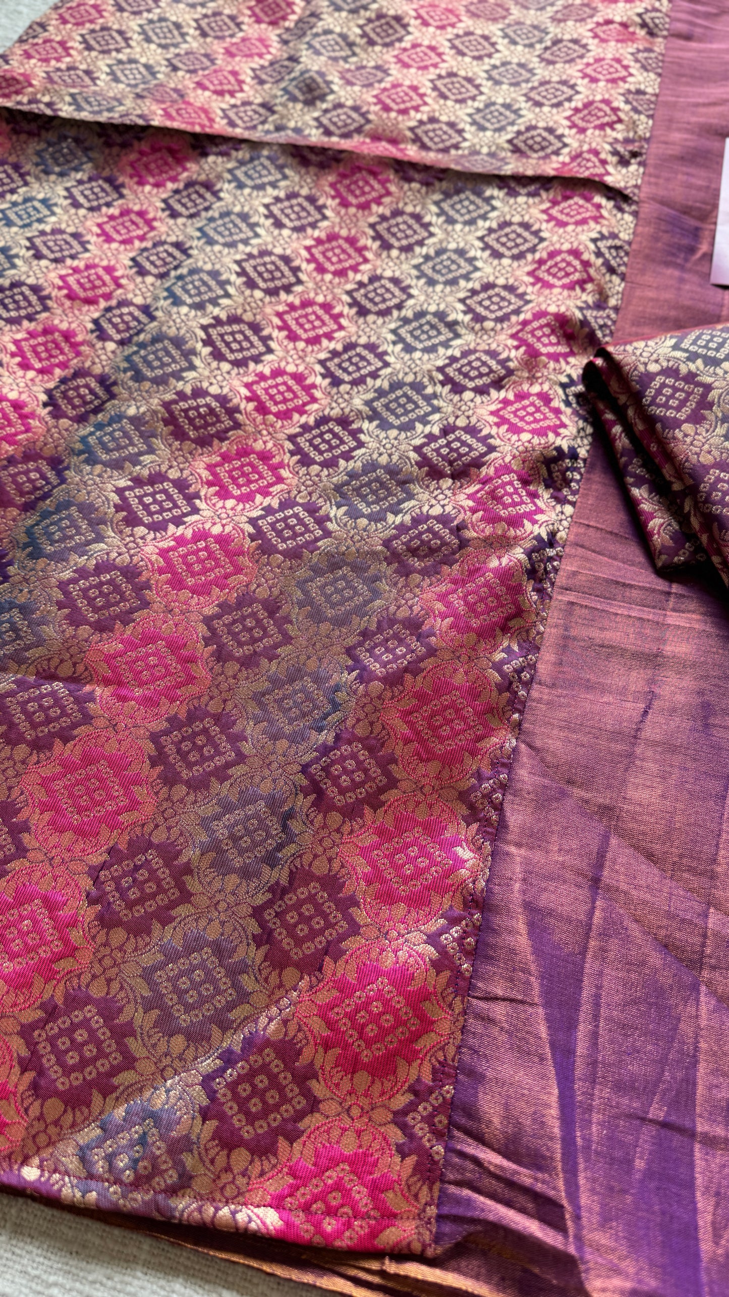 Rang-e-Bahar - Colour of Spring : Lilac with Multi Coloured Gold Brocade Pallu & Blouse, Mul Tissue - YCTMEMT05