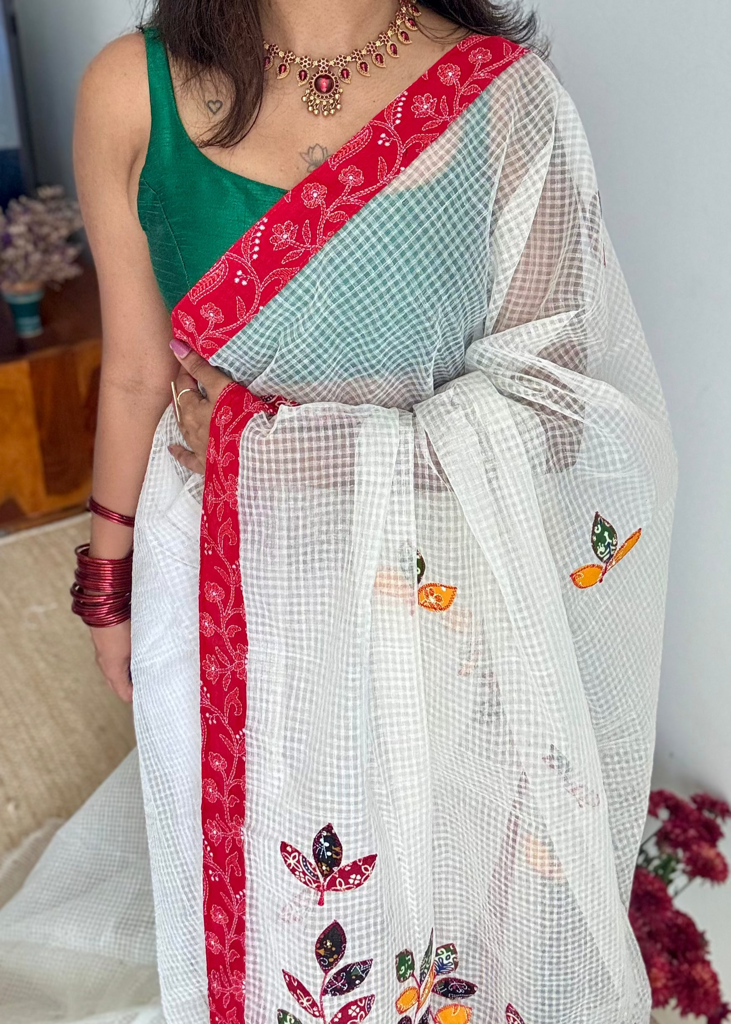 White kota with ajrakh cutwork and border - YCON25BCCW22