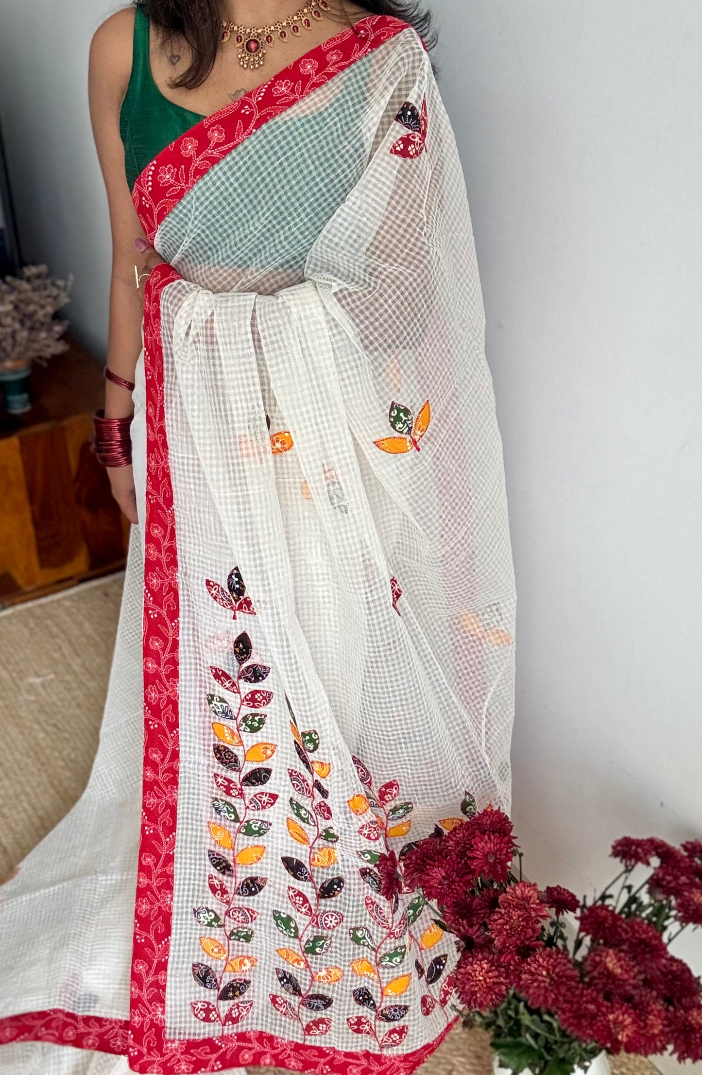 White kota with ajrakh cutwork and border - YCON25BCCW22