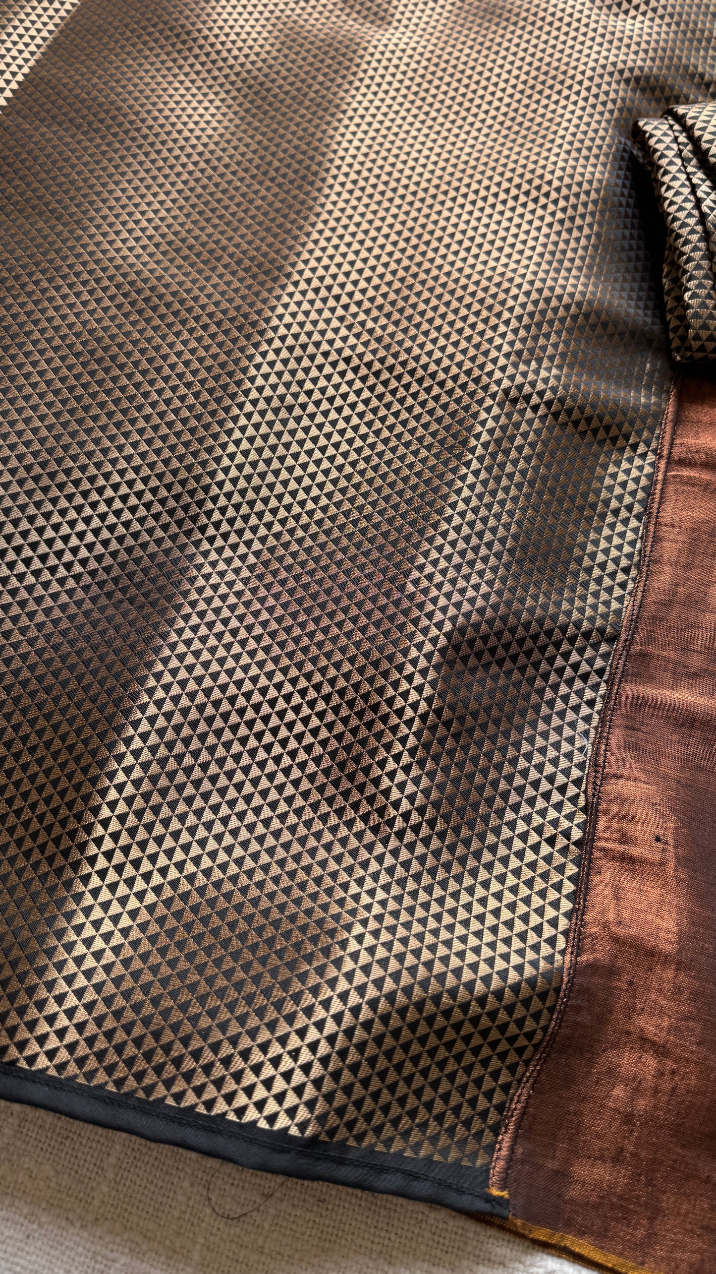 Khoobsurat Saaya - A Beautiful Shadow : Copper with Black and Gold Brocade Pallu & Blouse, Mul Tissue - YCTMEMT01