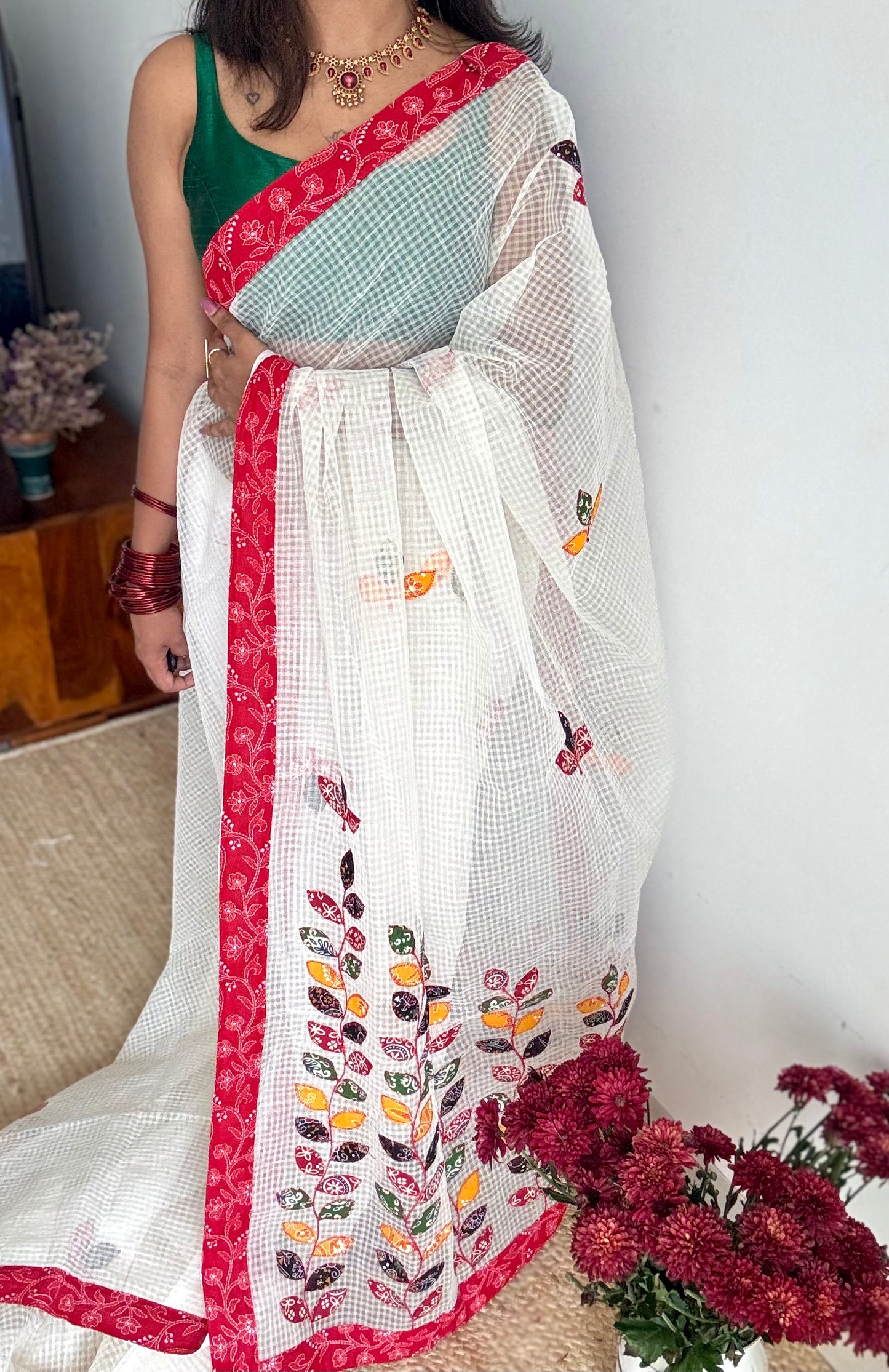 White kota with ajrakh cutwork and border - YCON25BCCW22