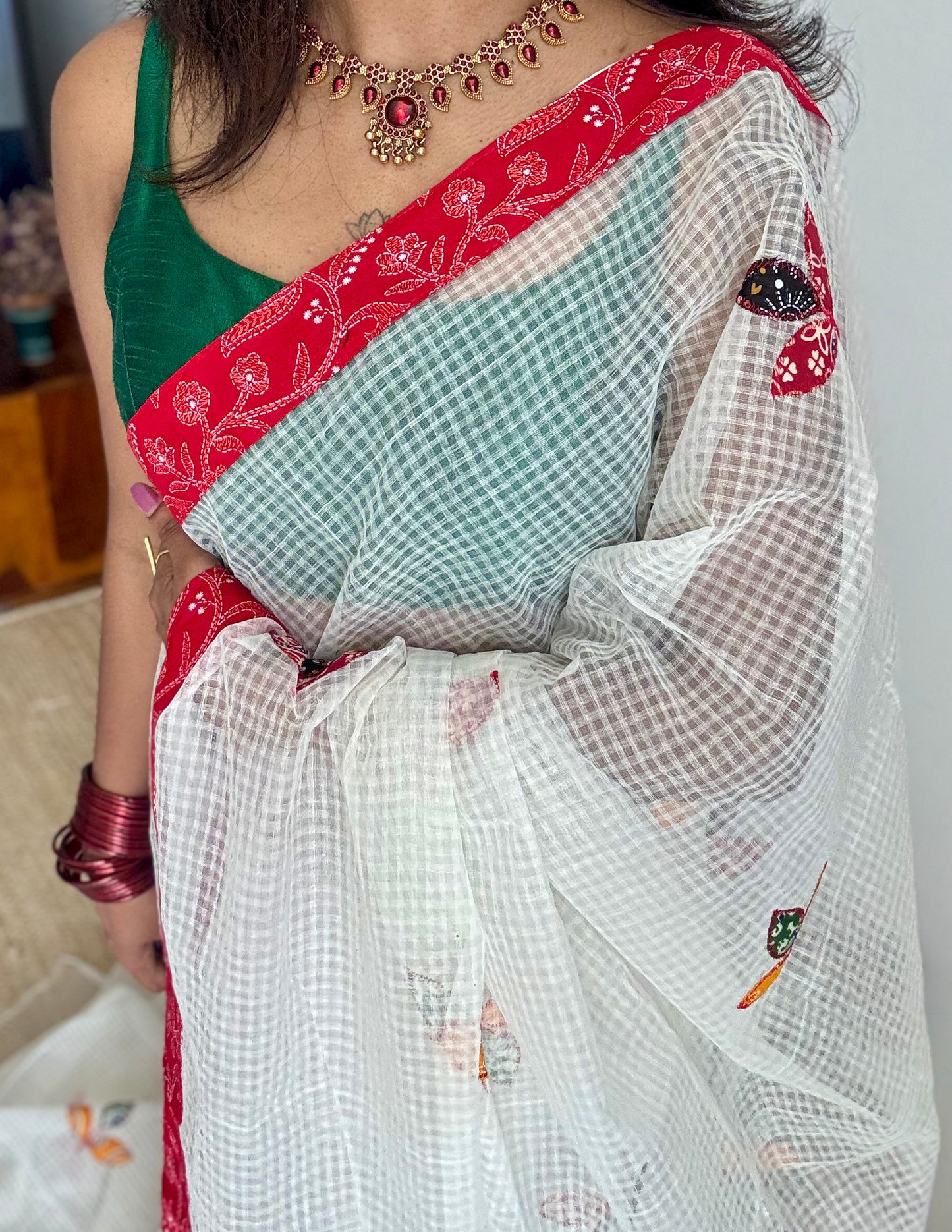 White kota with ajrakh cutwork and border - YCON25BCCW22