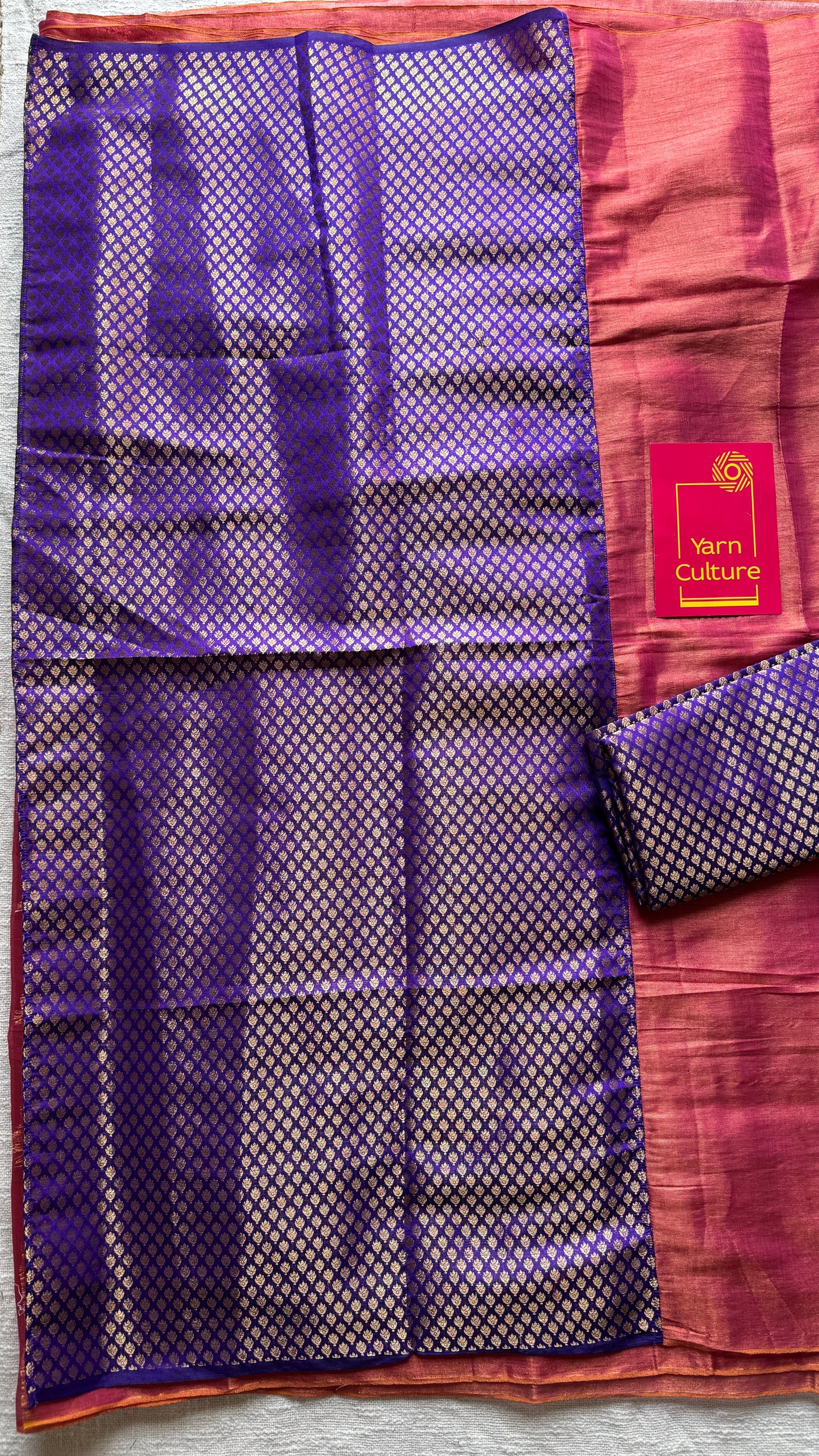 Shaam-e-Zeb - Evening of Elegance: Peach Pink with Purple and Gold Brocade Pallu & Blouse, Mul Tissue - YCTMEMT02