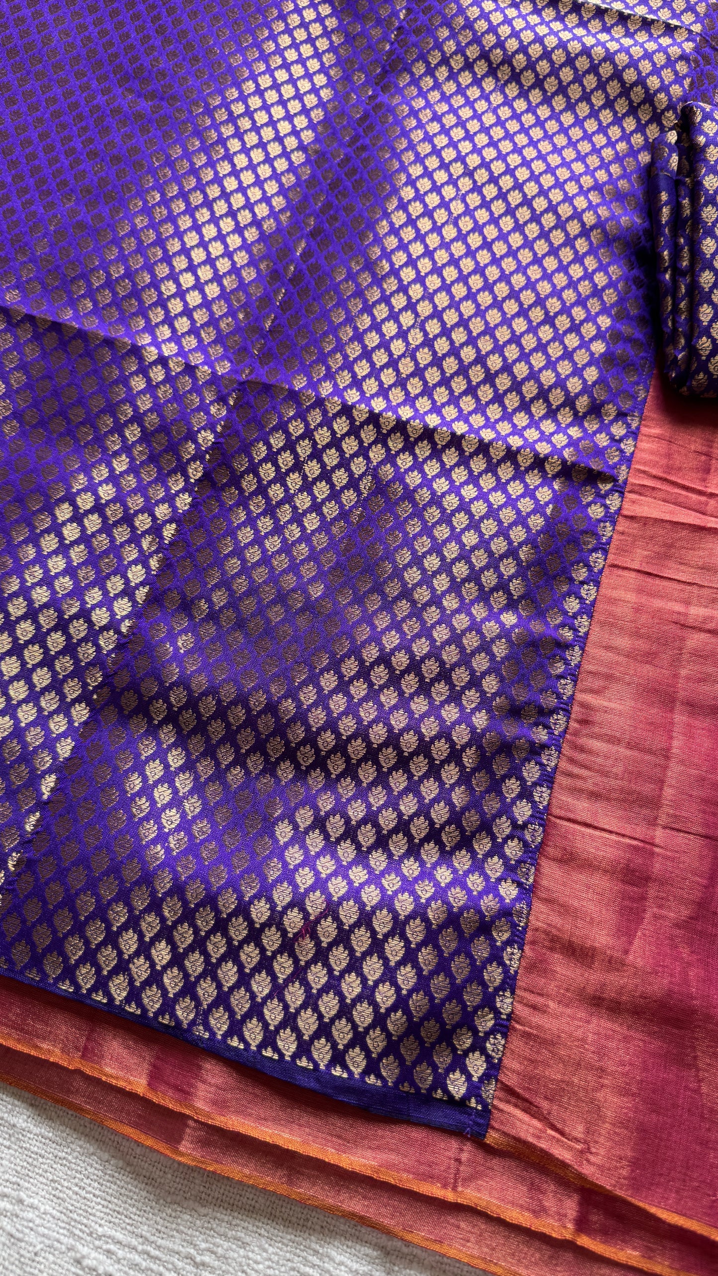 Shaam-e-Zeb - Evening of Elegance: Peach Pink with Purple and Gold Brocade Pallu & Blouse, Mul Tissue - YCTMEMT02