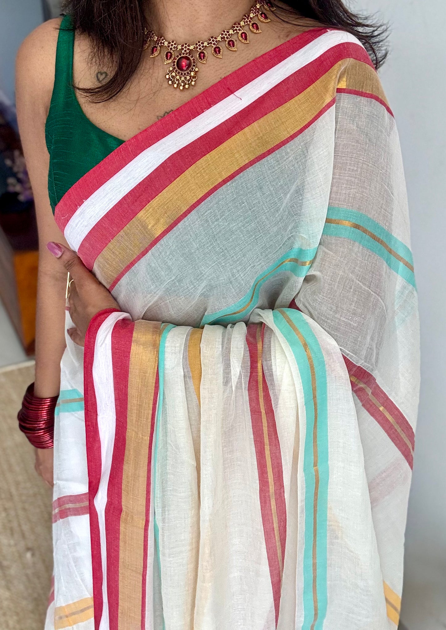 Ivory with blue, red and gold striped body & border, mul cotton - YCON25BCM38