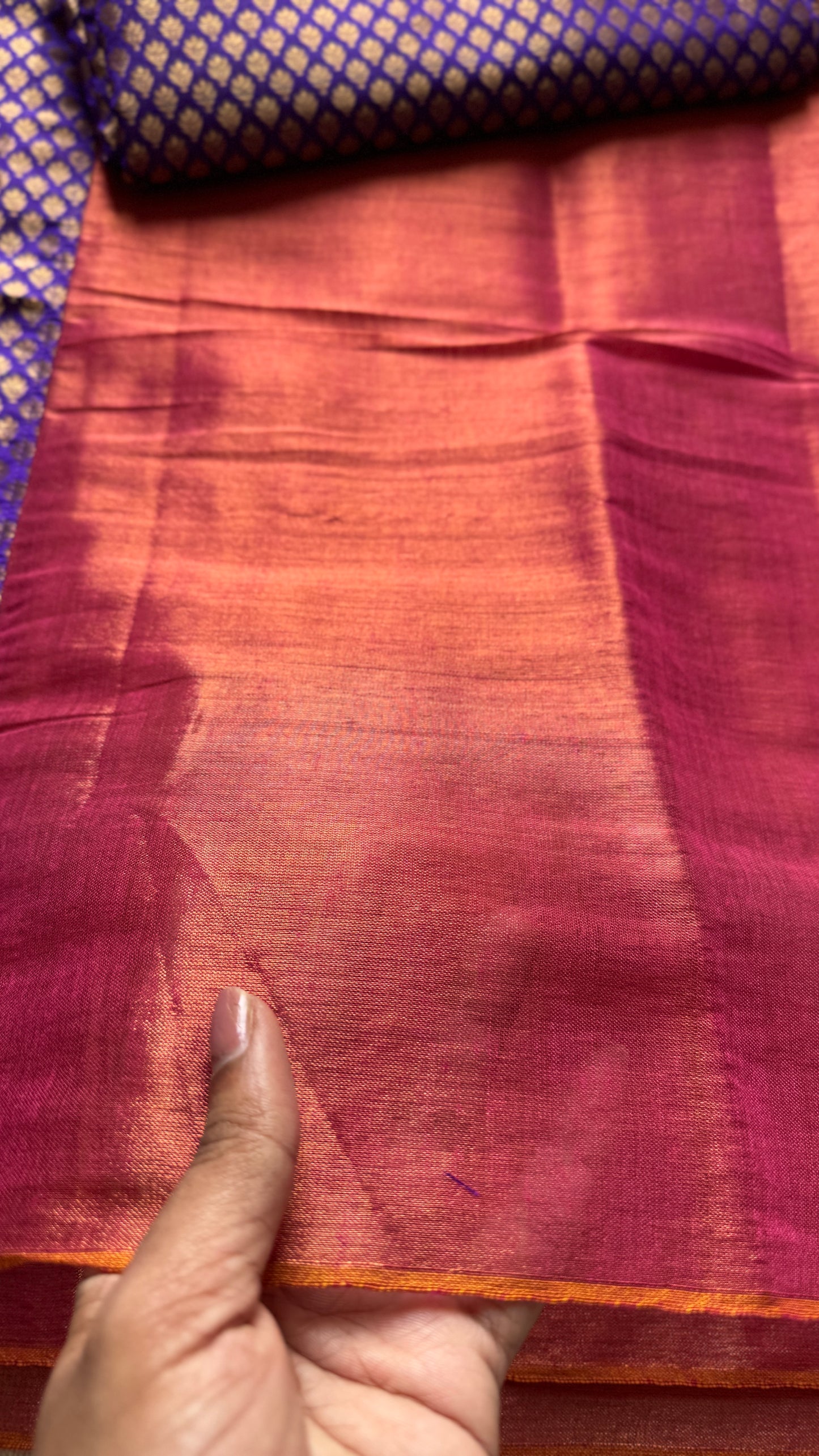 Shaam-e-Zeb - Evening of Elegance: Peach Pink with Purple and Gold Brocade Pallu & Blouse, Mul Tissue - YCTMEMT02