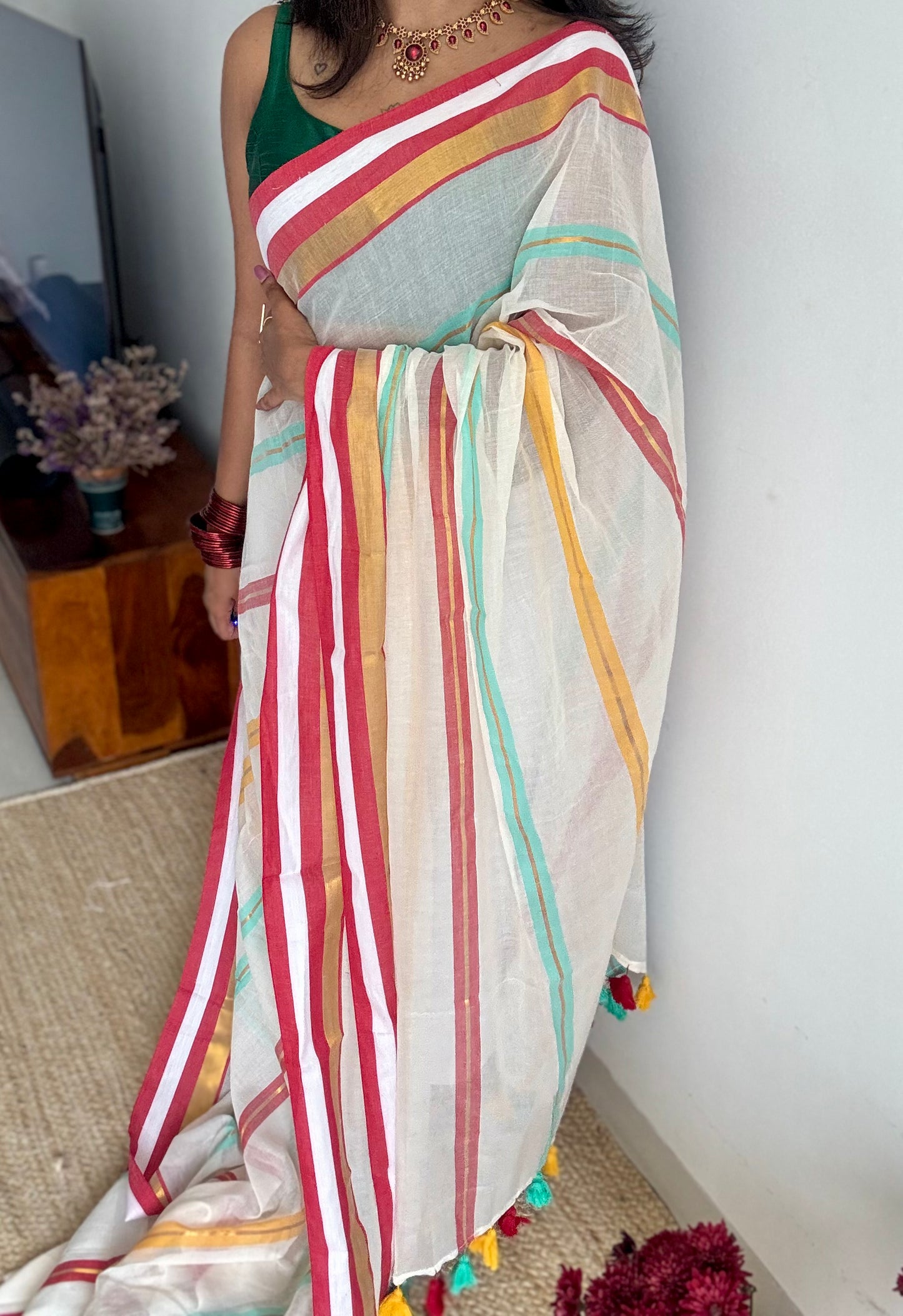 Ivory with blue, red and gold striped body & border, mul cotton - YCON25BCM38