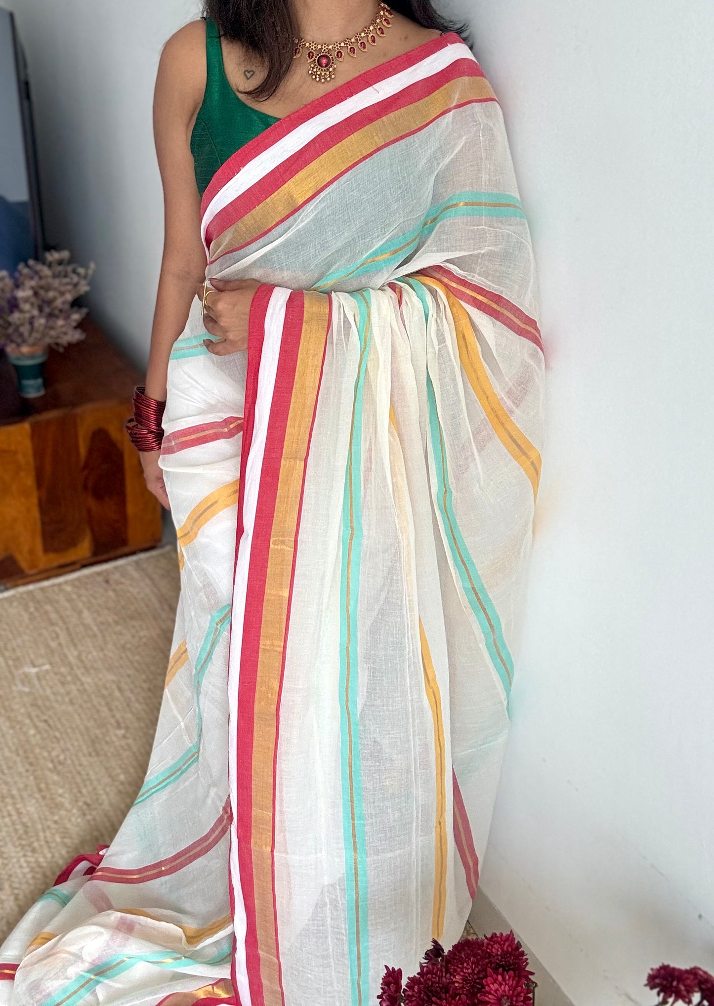 Ivory with blue, red and gold striped body & border, mul cotton - YCON25BCM38