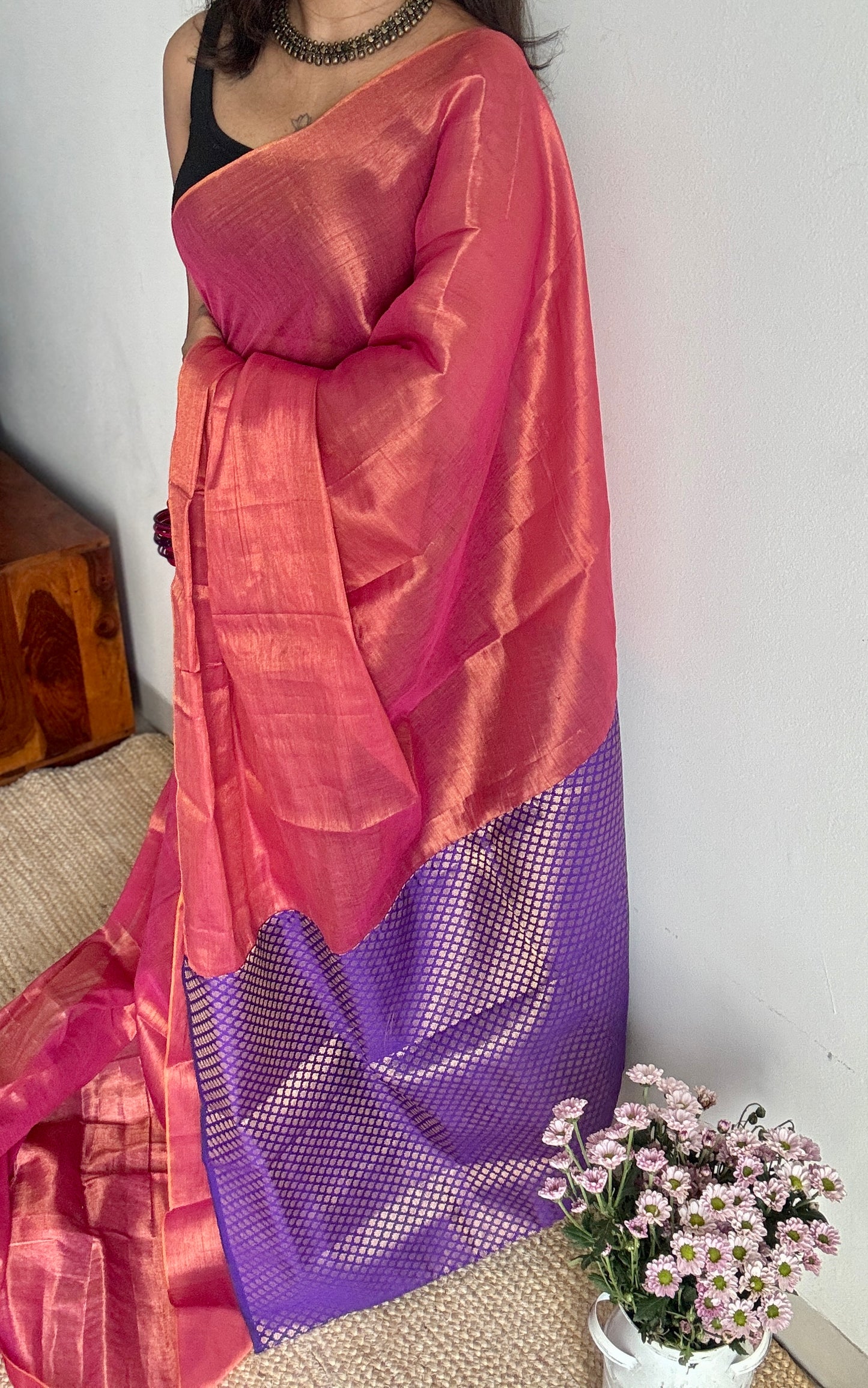 Shaam-e-Zeb - Evening of Elegance: Peach Pink with Purple and Gold Brocade Pallu & Blouse, Mul Tissue - YCTMEMT02