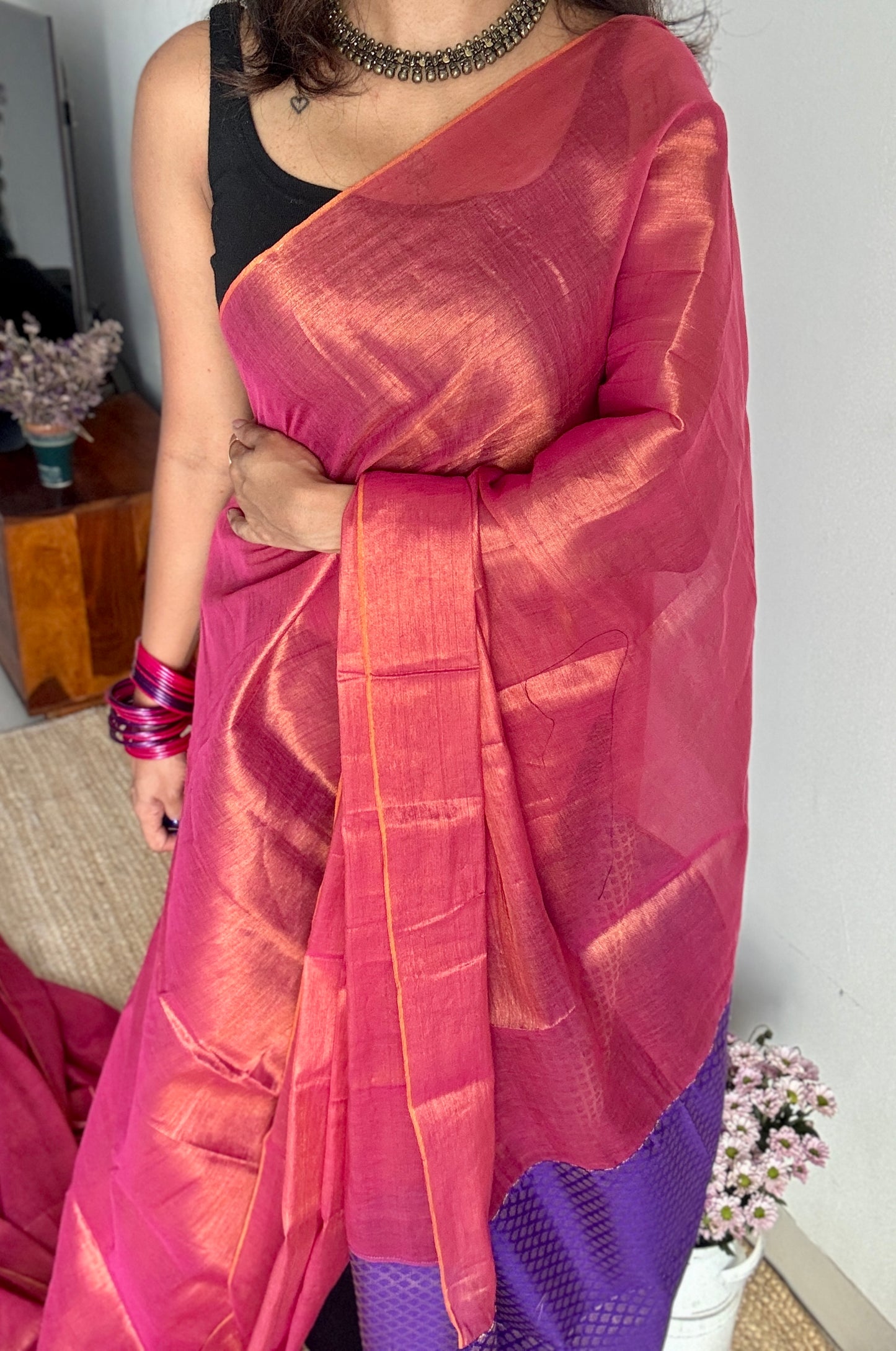 Shaam-e-Zeb - Evening of Elegance: Peach Pink with Purple and Gold Brocade Pallu & Blouse, Mul Tissue - YCTMEMT02