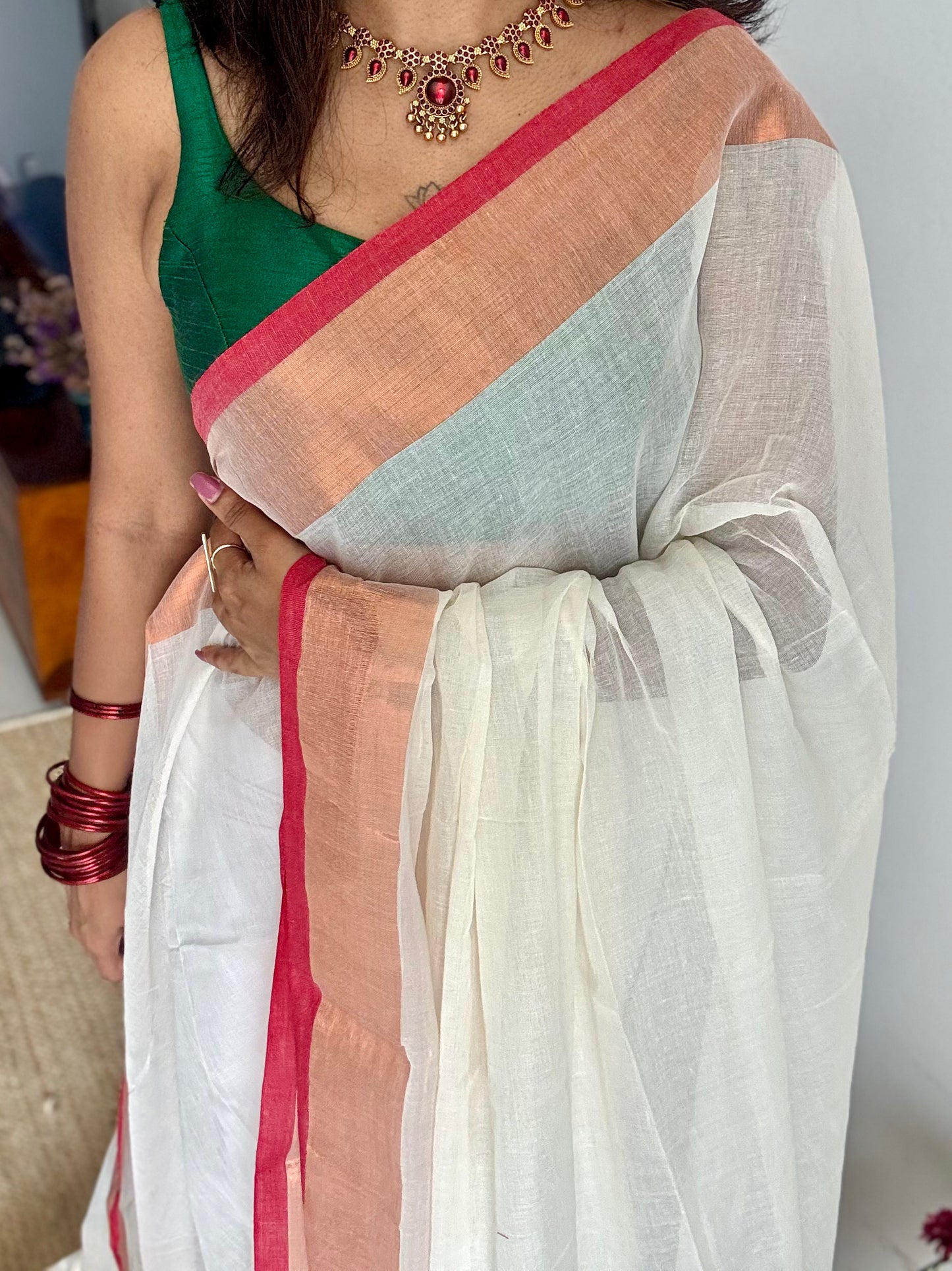 Ivory with dark red highlighted antique gold zari border, mul cotton - YCON25BCM27