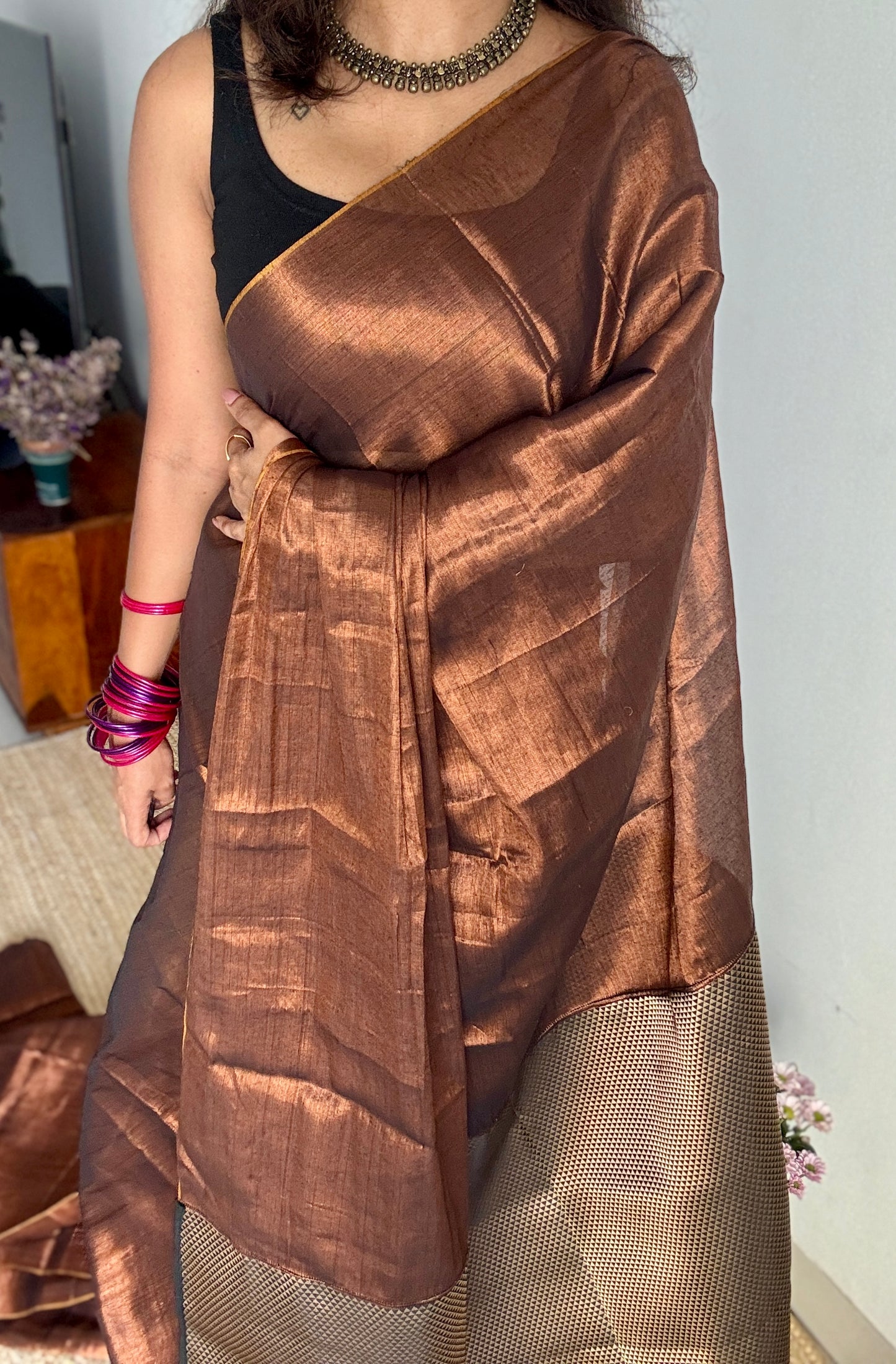 Khoobsurat Saaya - A Beautiful Shadow : Copper with Black and Gold Brocade Pallu & Blouse, Mul Tissue - YCTMEMT01