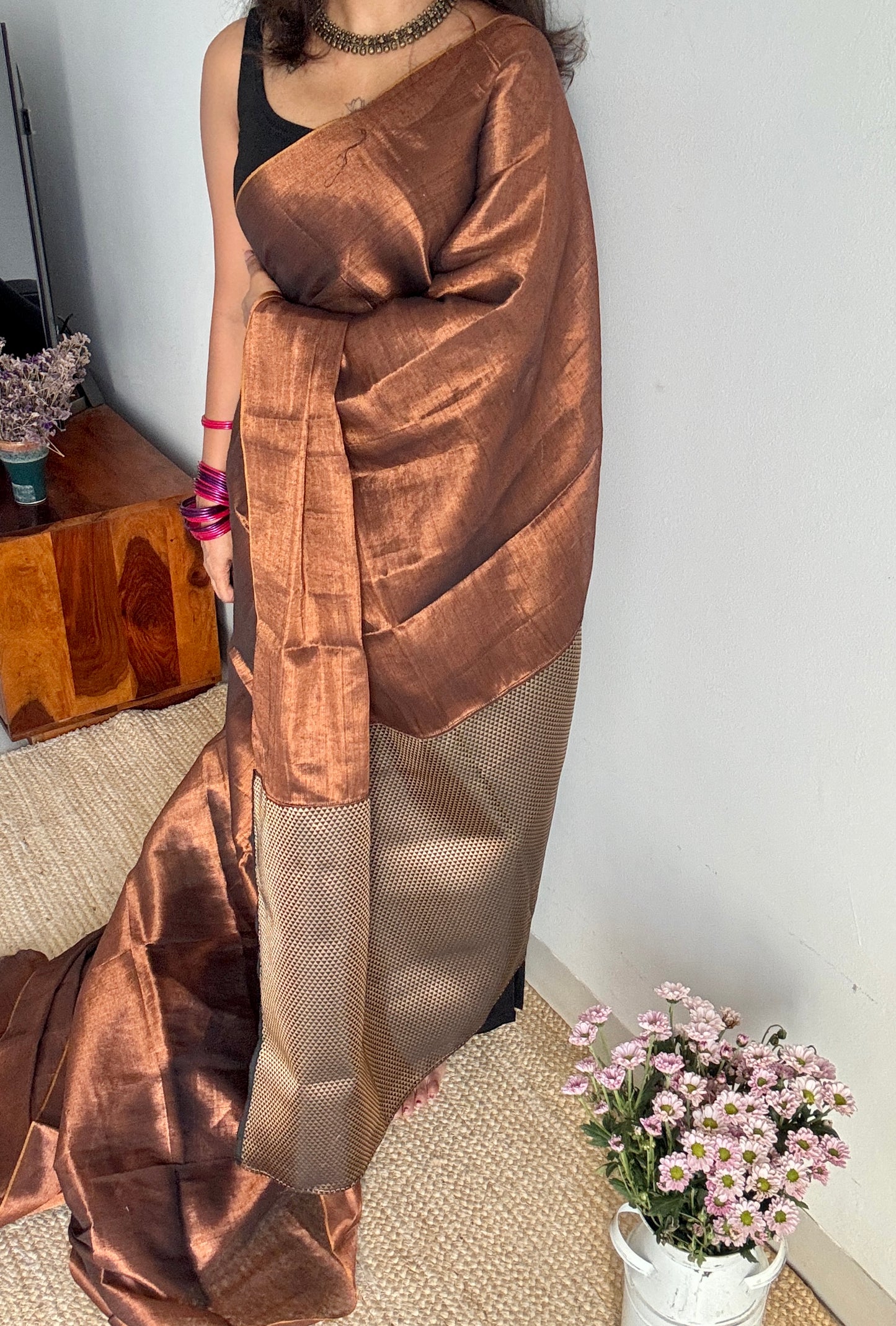 Khoobsurat Saaya - A Beautiful Shadow : Copper with Black and Gold Brocade Pallu & Blouse, Mul Tissue - YCTMEMT01