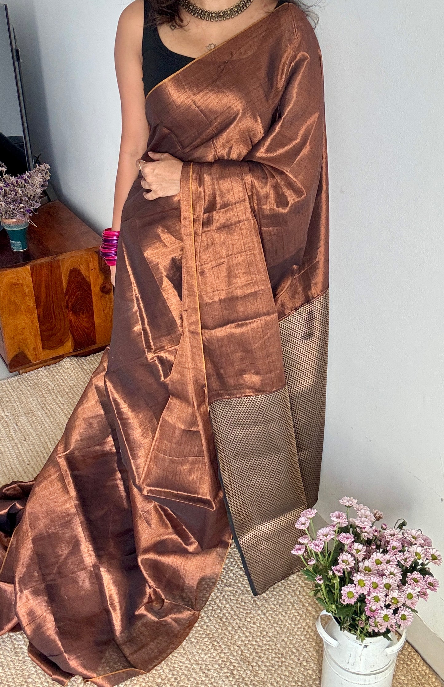 Khoobsurat Saaya - A Beautiful Shadow : Copper with Black and Gold Brocade Pallu & Blouse, Mul Tissue - YCTMEMT01
