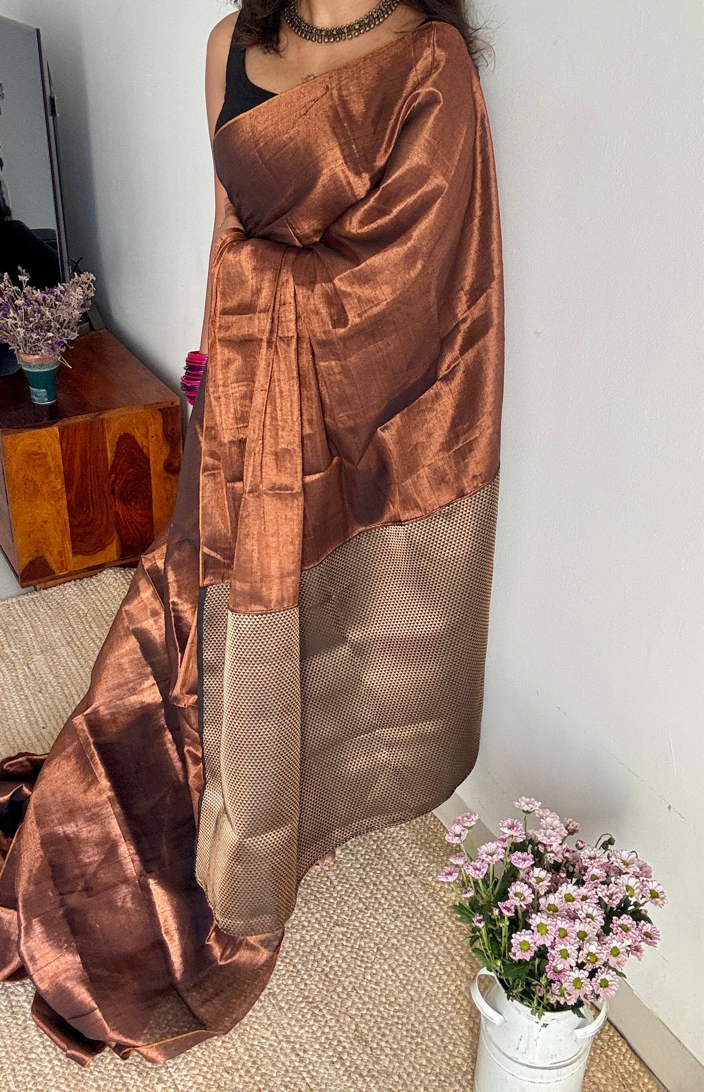 Khoobsurat Saaya - A Beautiful Shadow : Copper with Black and Gold Brocade Pallu & Blouse, Mul Tissue - YCTMEMT01