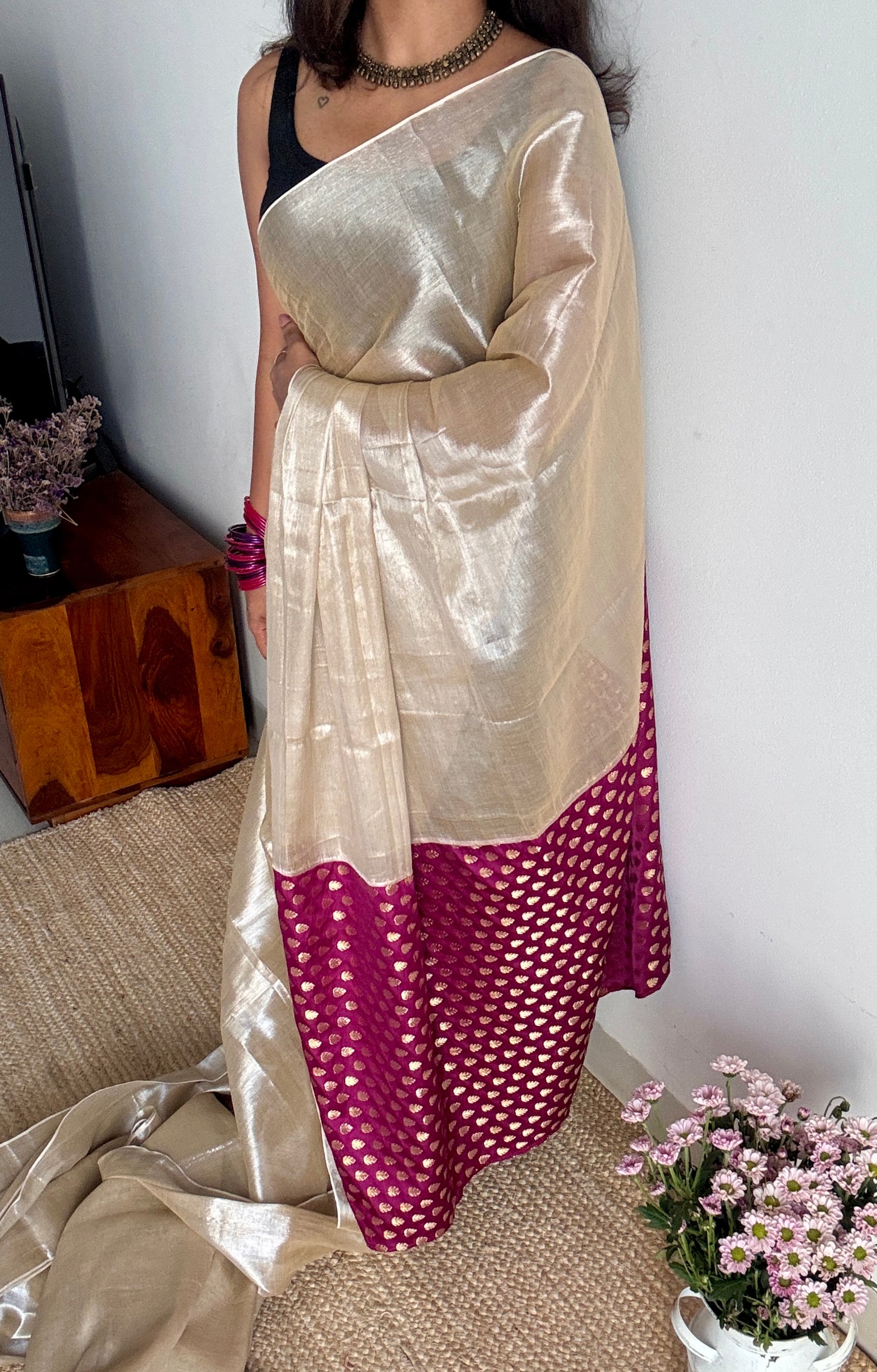 Chaand Phool - Moonflower : Pearl White with Purple Pink Brocade Pallu & Blouse, Mul Tissue - YCTMEMT04