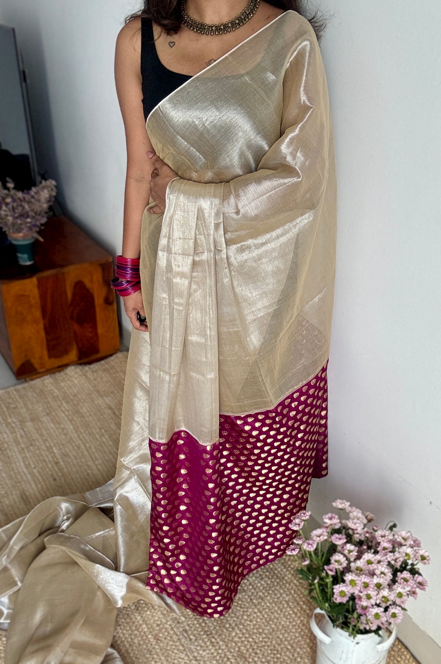 Chaand Phool - Moonflower : Pearl White with Purple Pink Brocade Pallu & Blouse, Mul Tissue - YCTMEMT04