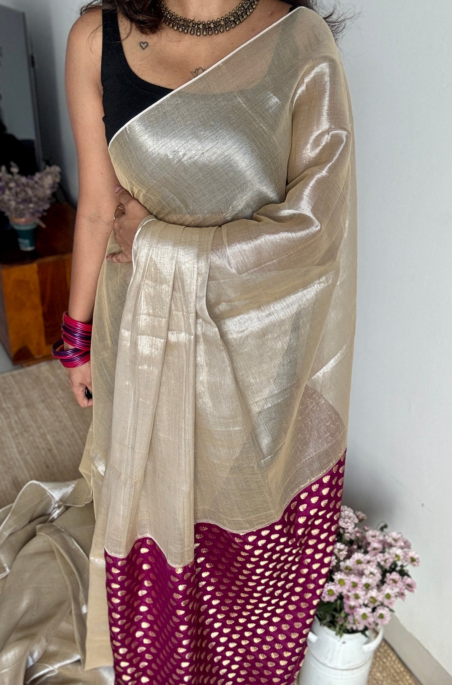 Chaand Phool - Moonflower : Pearl White with Purple Pink Brocade Pallu & Blouse, Mul Tissue - YCTMEMT04