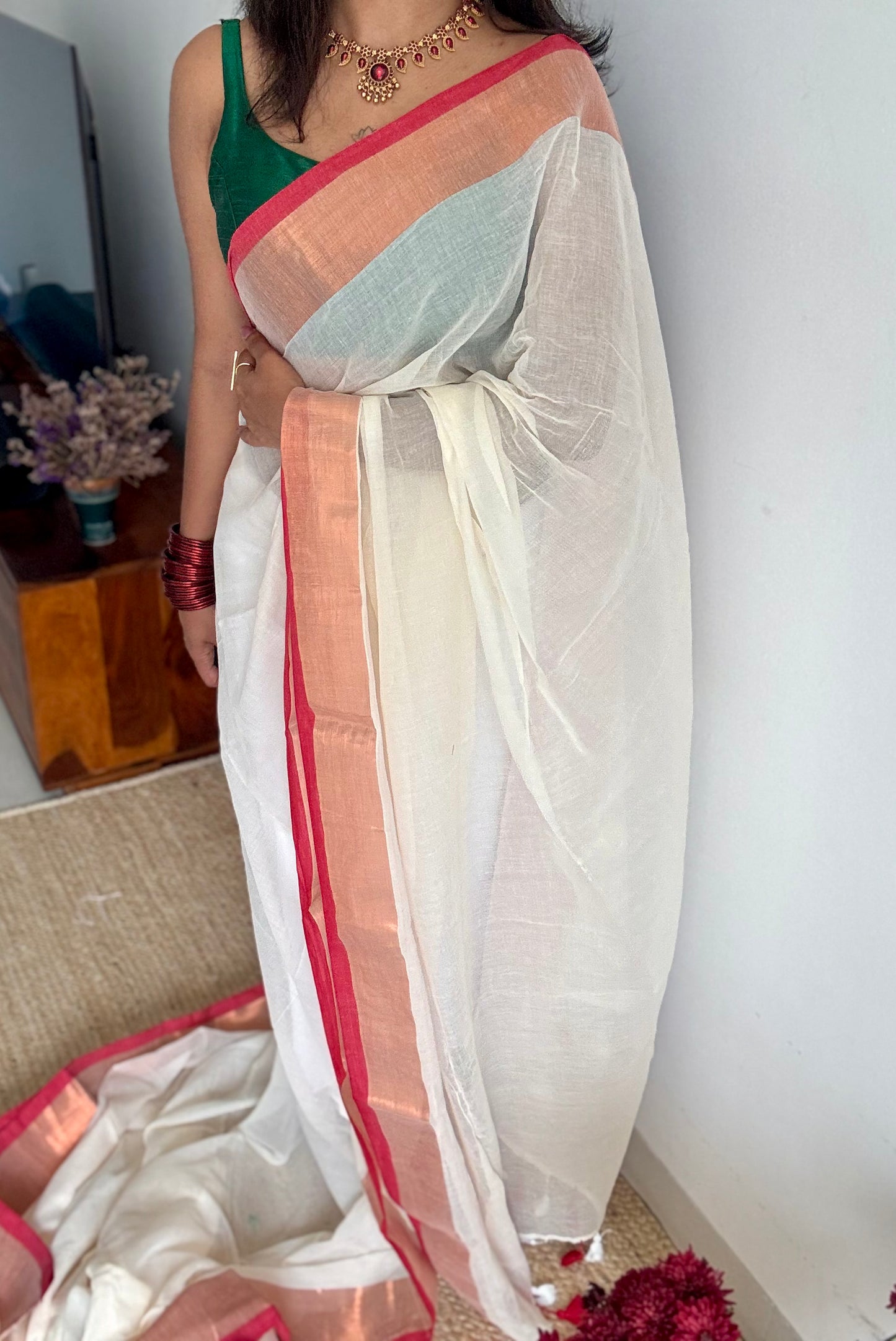 Ivory with dark red highlighted antique gold zari border, mul cotton - YCON25BCM27