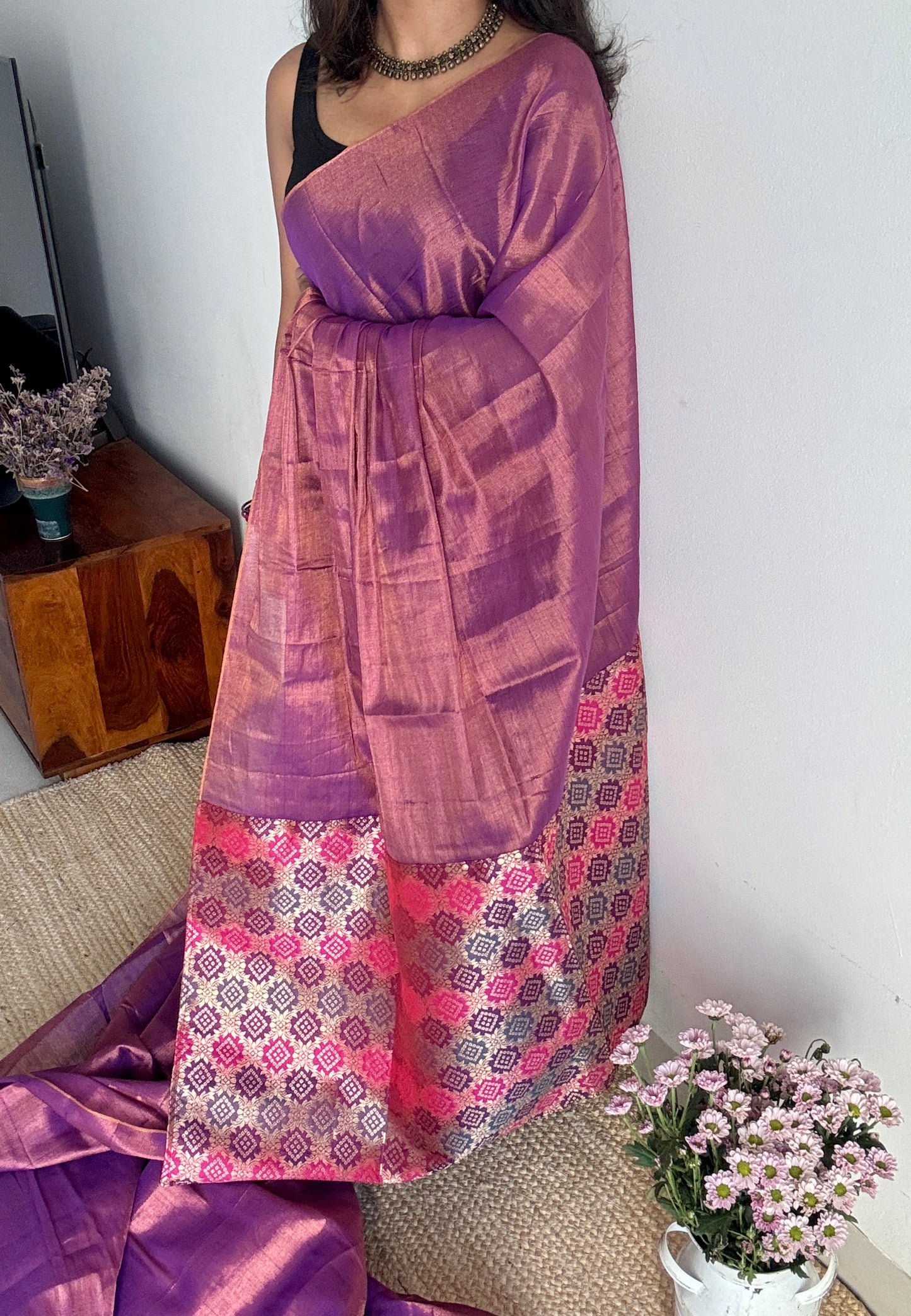 Rang-e-Bahar - Colour of Spring : Lilac with Multi Coloured Gold Brocade Pallu & Blouse, Mul Tissue - YCTMEMT05