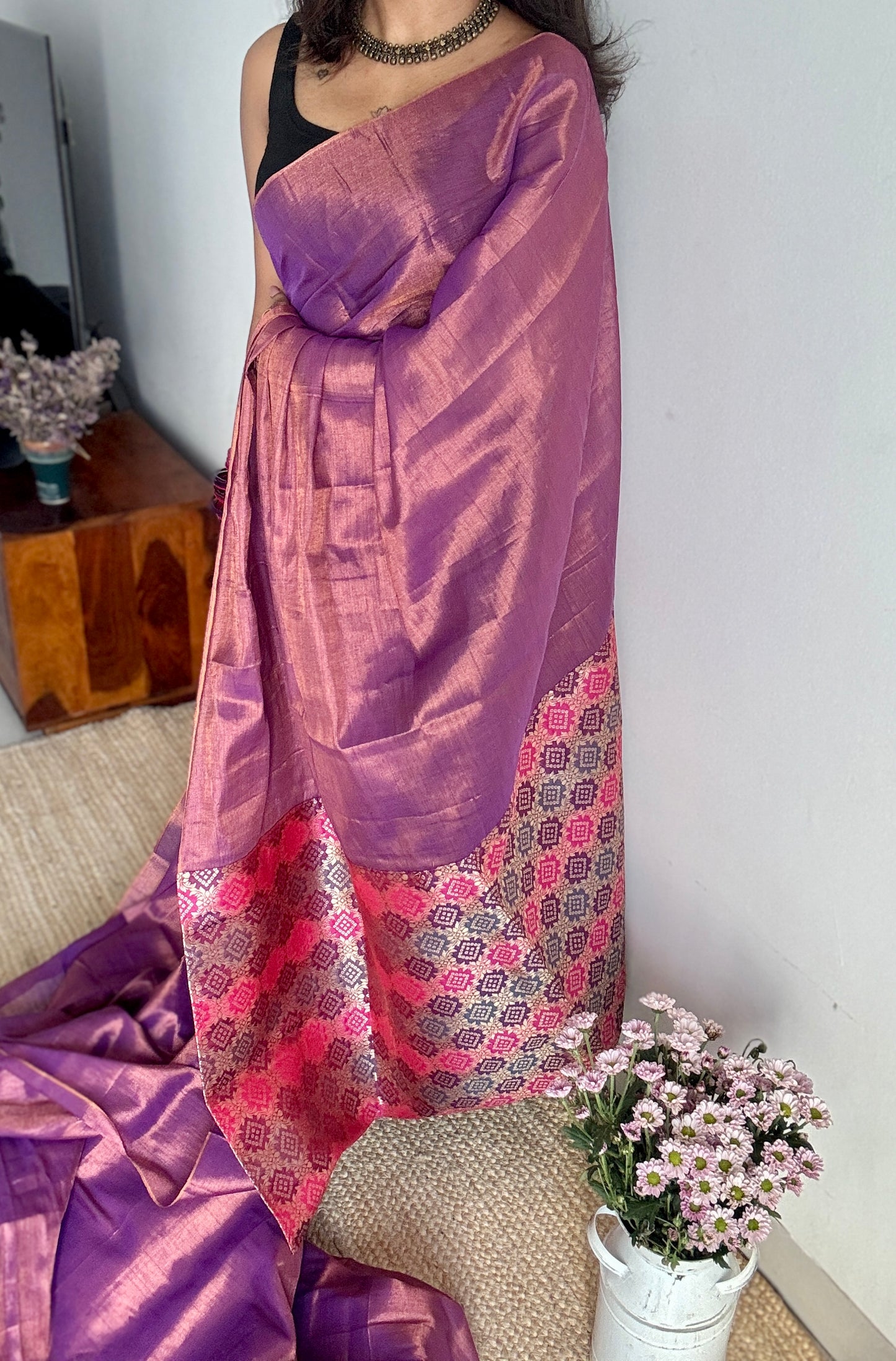 Rang-e-Bahar - Colour of Spring : Lilac with Multi Coloured Gold Brocade Pallu & Blouse, Mul Tissue - YCTMEMT05