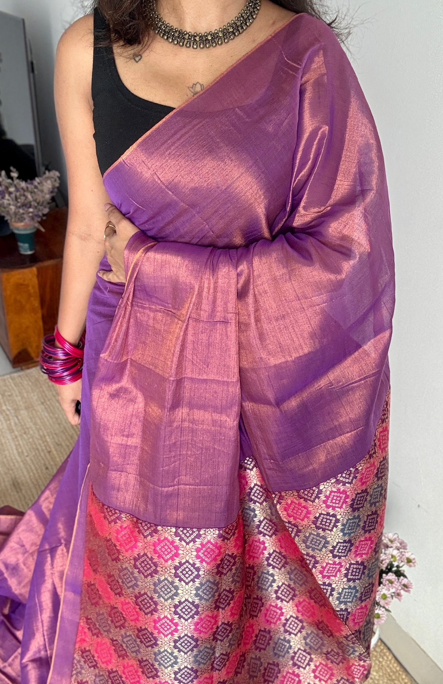 Rang-e-Bahar - Colour of Spring : Lilac with Multi Coloured Gold Brocade Pallu & Blouse, Mul Tissue - YCTMEMT05