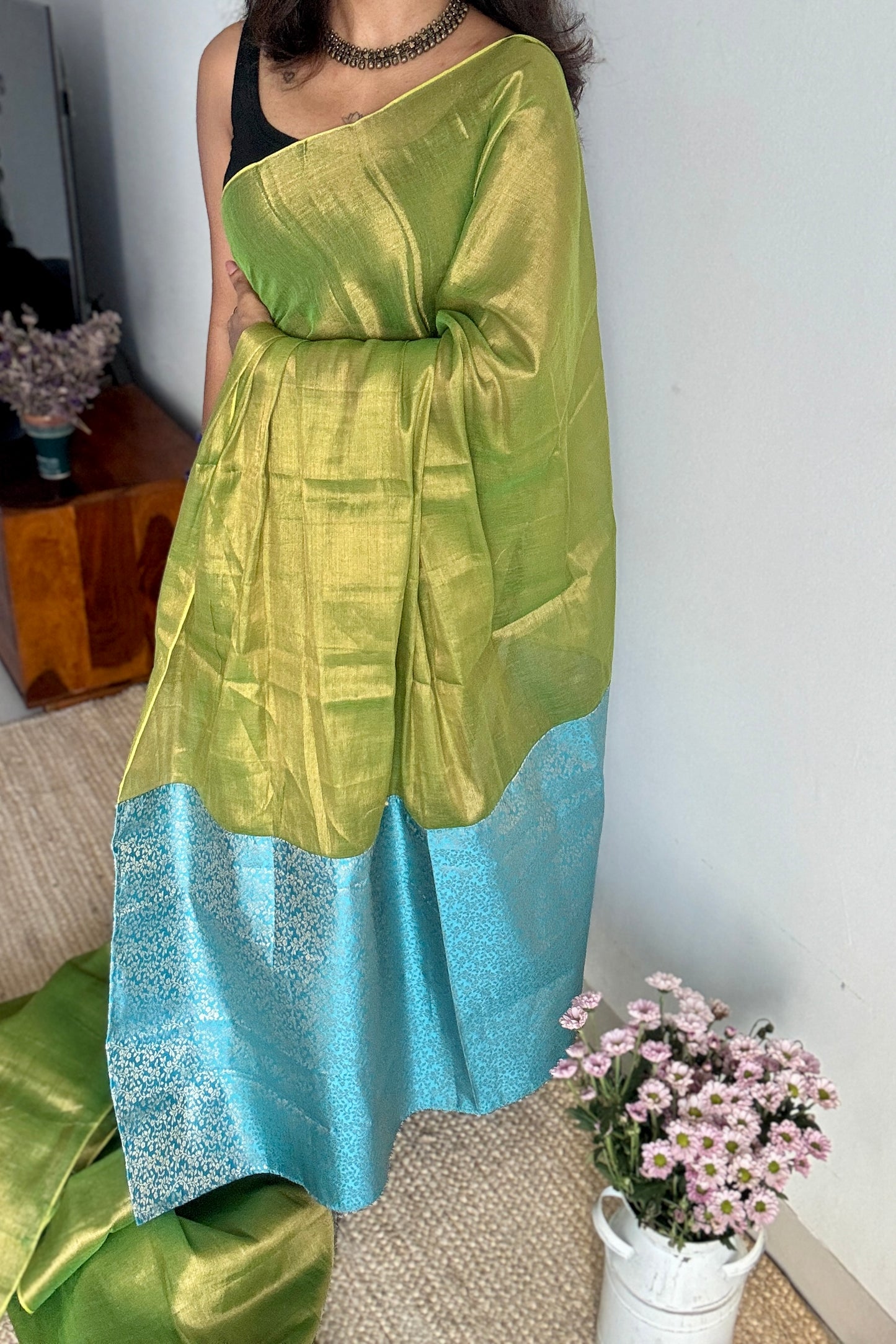 Noor-e-Hara - Glow of Green : Green with Blue and Gold Brocade Pallu & Blouse, Mul Tissue - YCTMEMT06