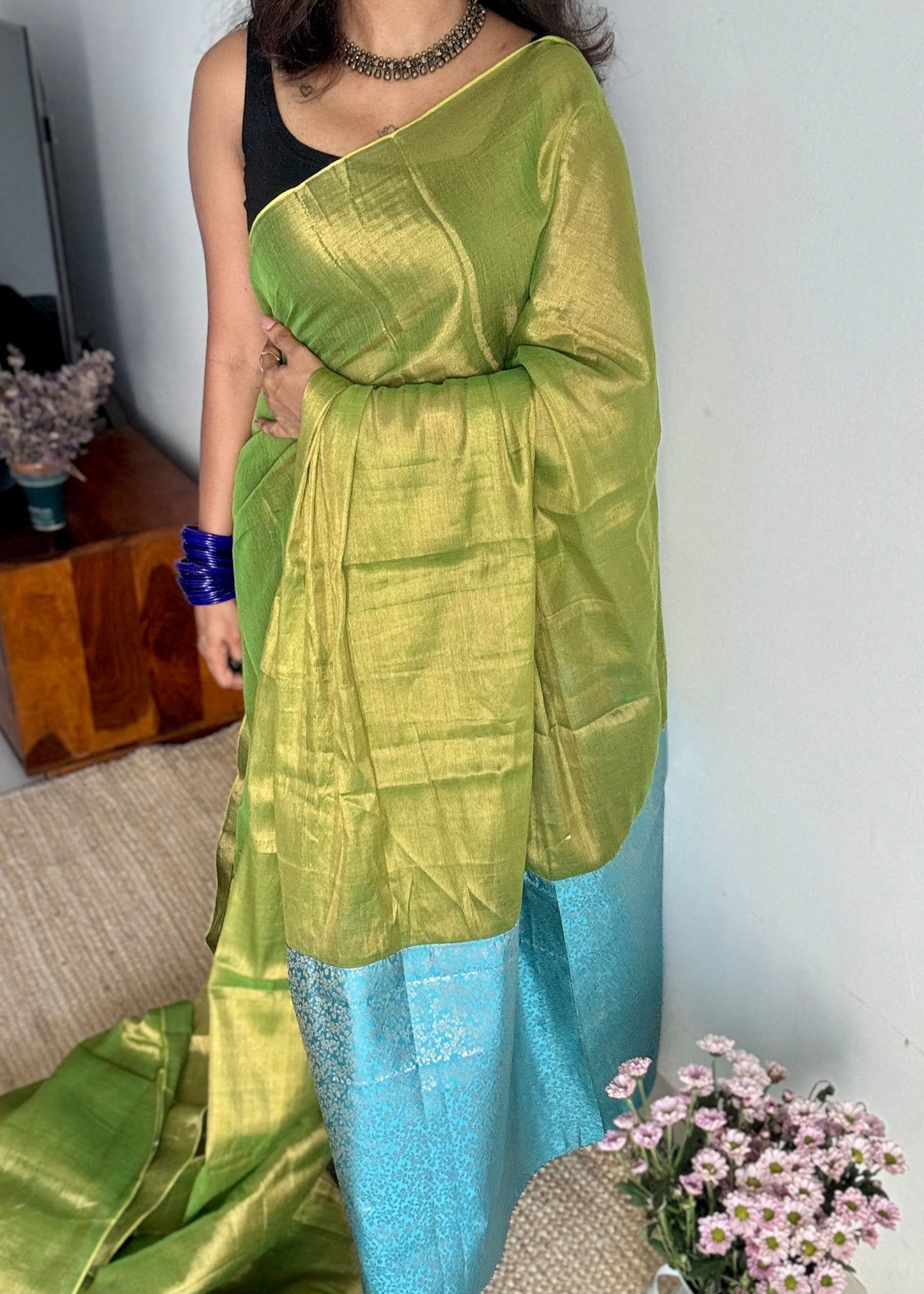 Noor-e-Hara - Glow of Green : Green with Blue and Gold Brocade Pallu & Blouse, Mul Tissue - YCTMEMT06