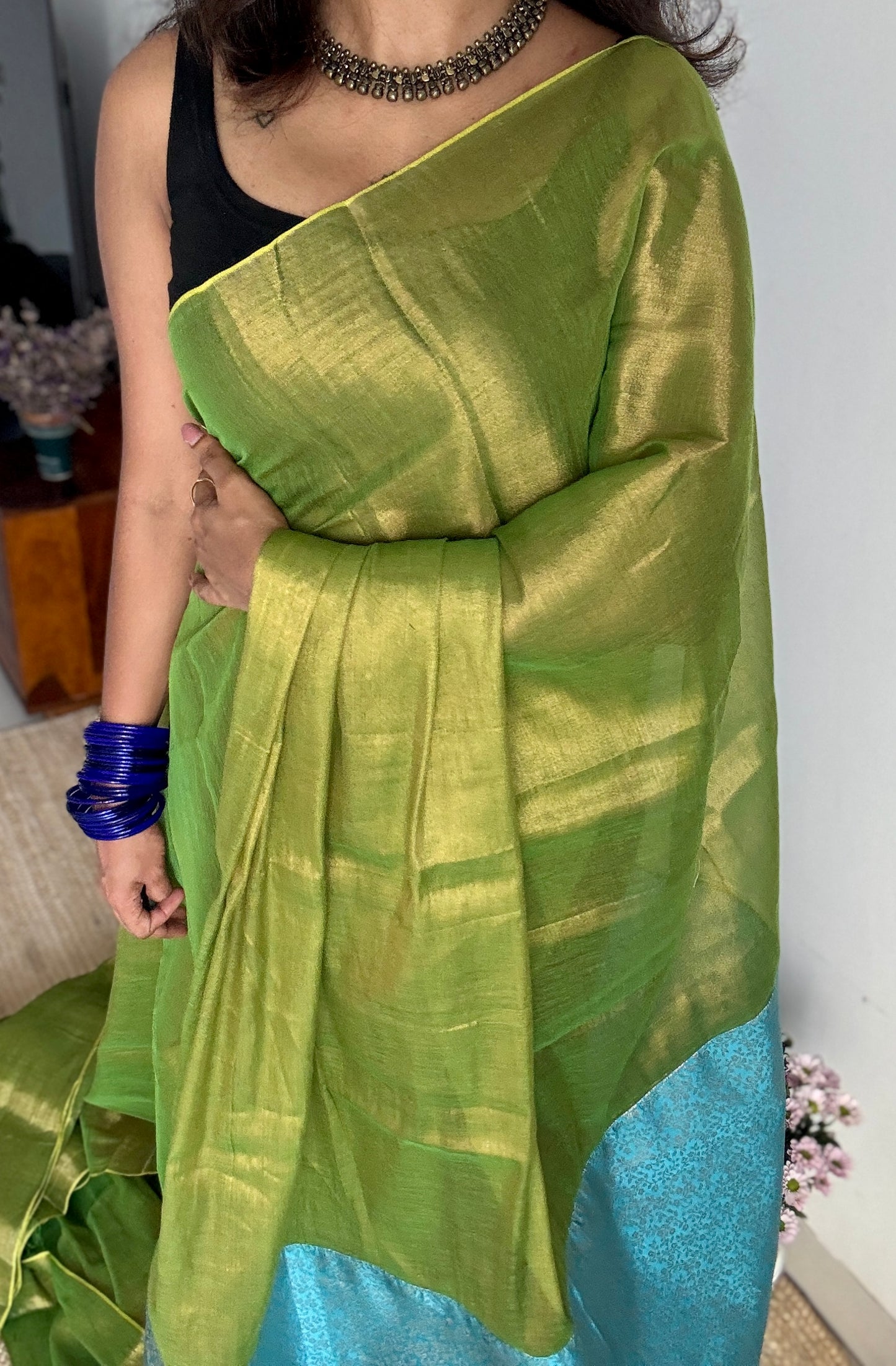 Noor-e-Hara - Glow of Green : Green with Blue and Gold Brocade Pallu & Blouse, Mul Tissue - YCTMEMT06