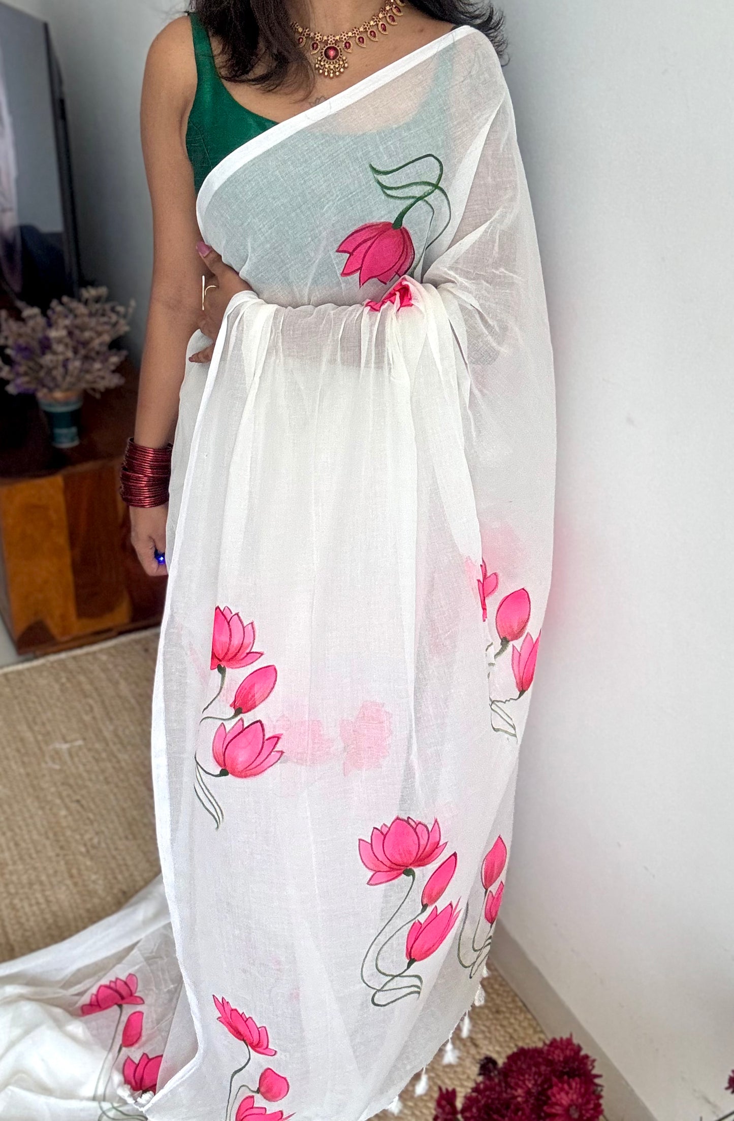White with bright pink lotus vines, mul cotton - YCON25BCM36