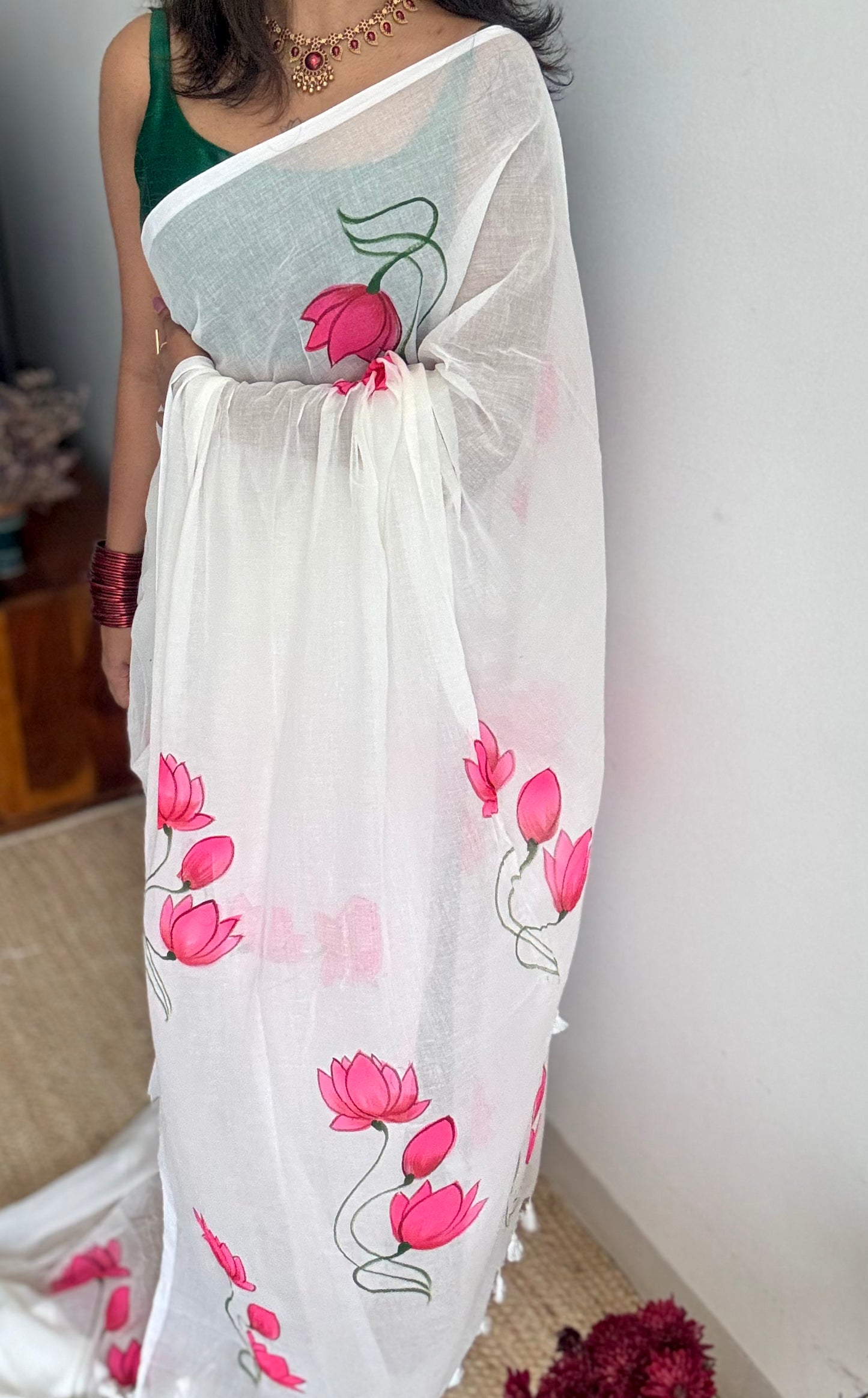 White with bright pink lotus vines, mul cotton - YCON25BCM36