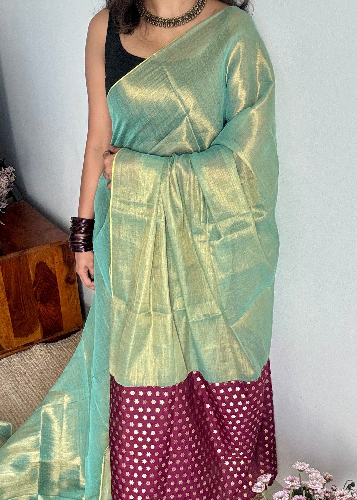 Sageen Khwaab - Serene Dream : Mint Green with Wine and Gold Brocade Pallu & Blouse, Mul Tissue - YCTMEMT07