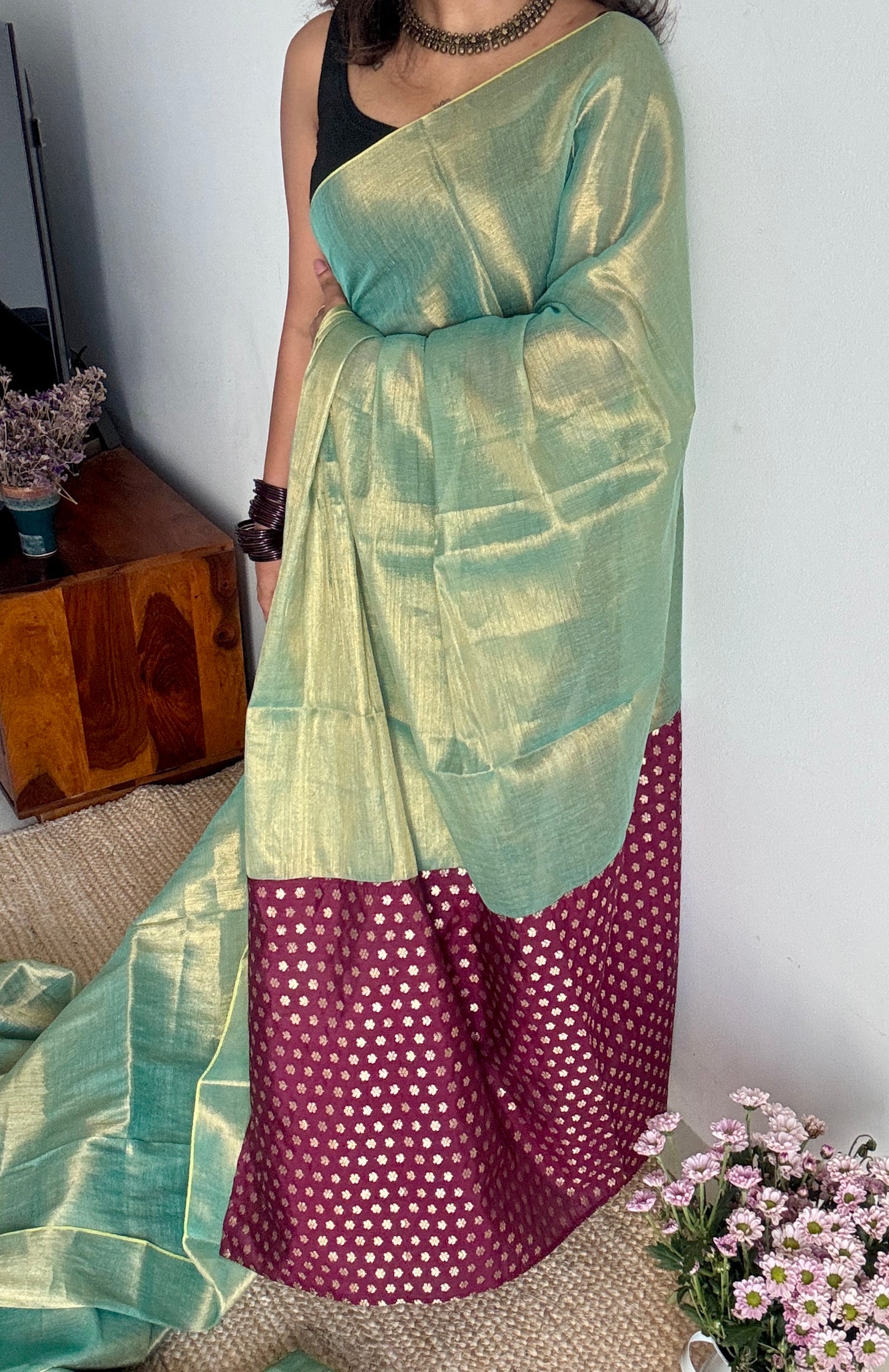 Sageen Khwaab - Serene Dream : Mint Green with Wine and Gold Brocade Pallu & Blouse, Mul Tissue - YCTMEMT07