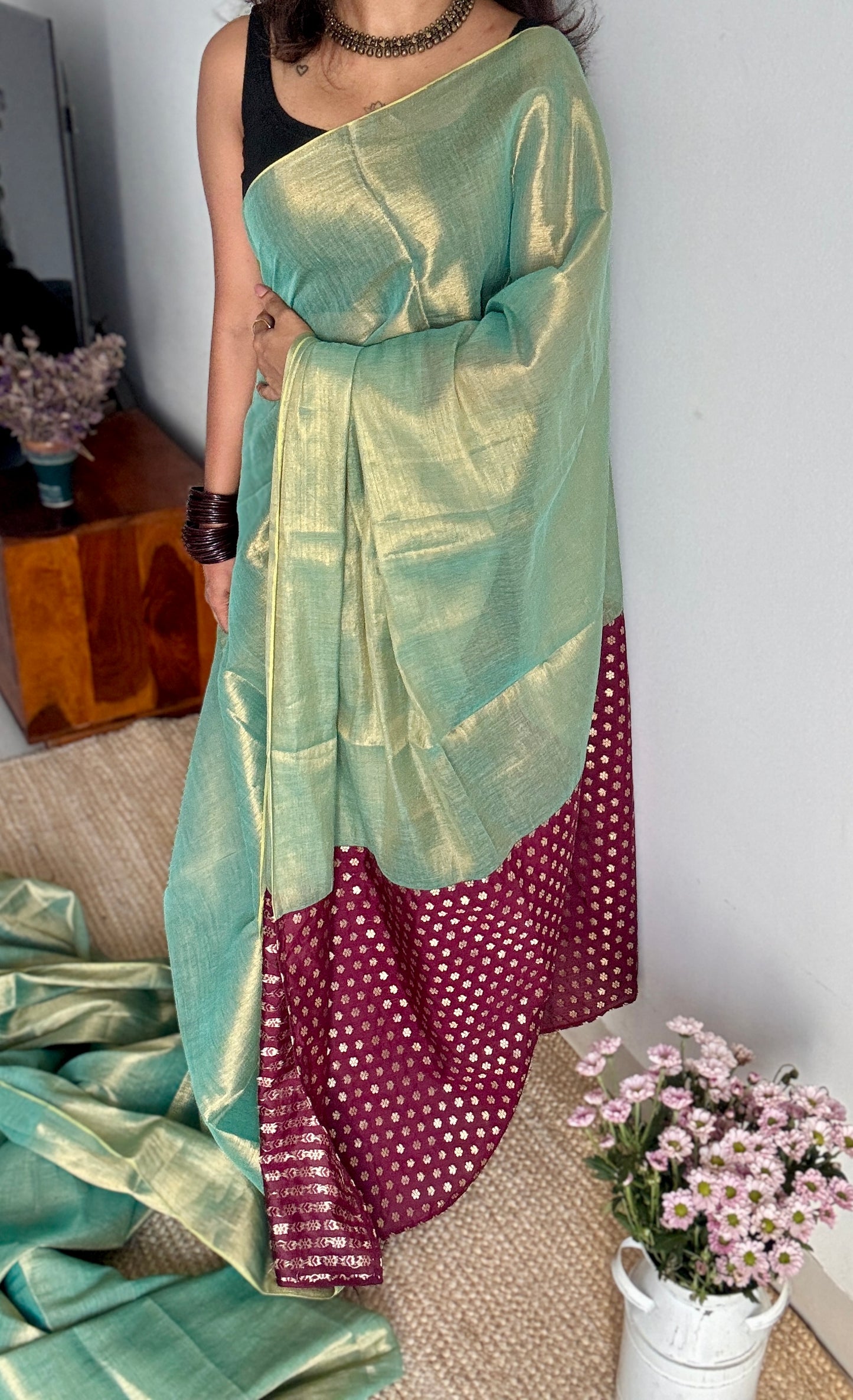 Sageen Khwaab - Serene Dream : Mint Green with Wine and Gold Brocade Pallu & Blouse, Mul Tissue - YCTMEMT07