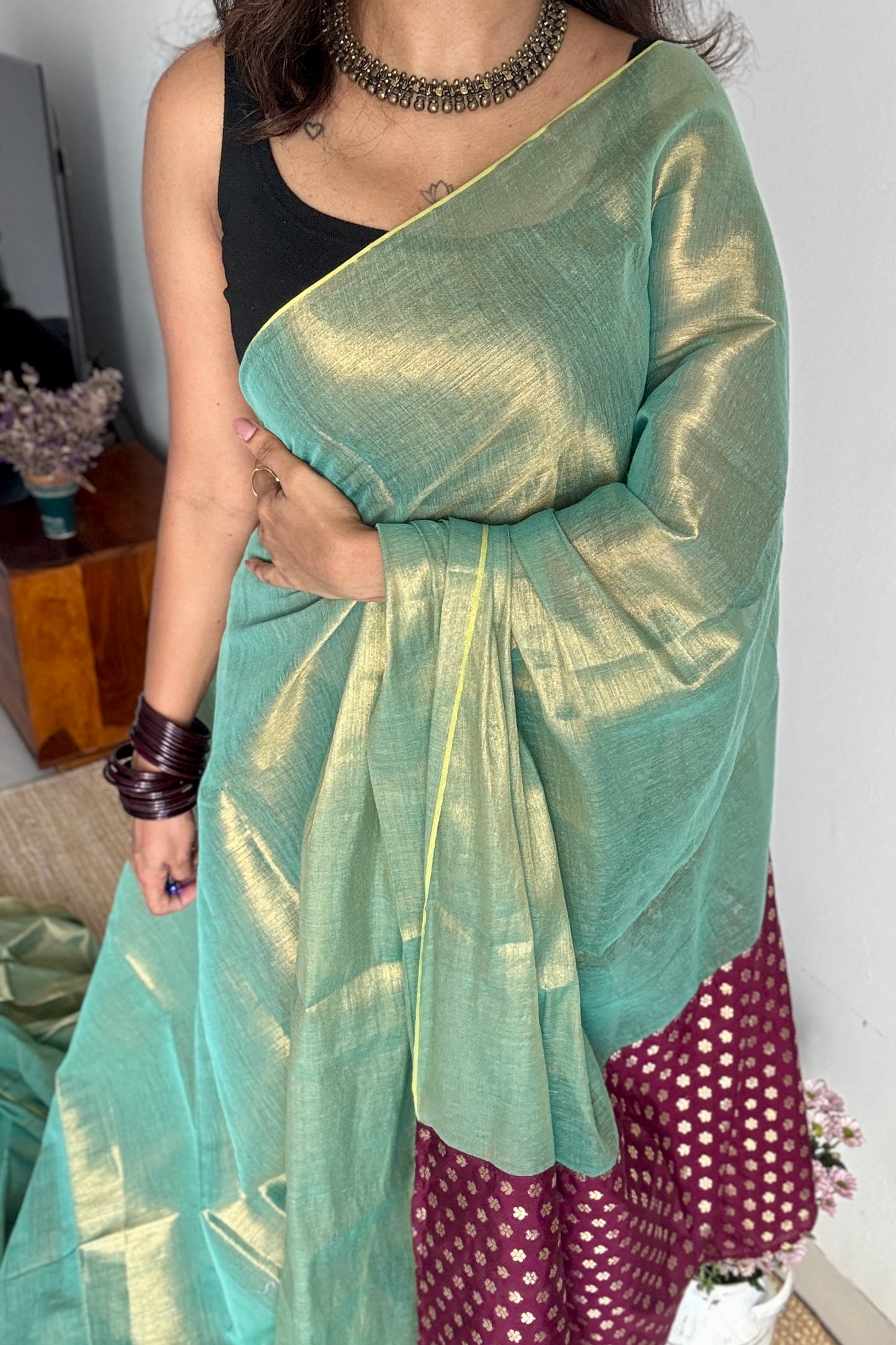 Sageen Khwaab - Serene Dream : Mint Green with Wine and Gold Brocade Pallu & Blouse, Mul Tissue - YCTMEMT07