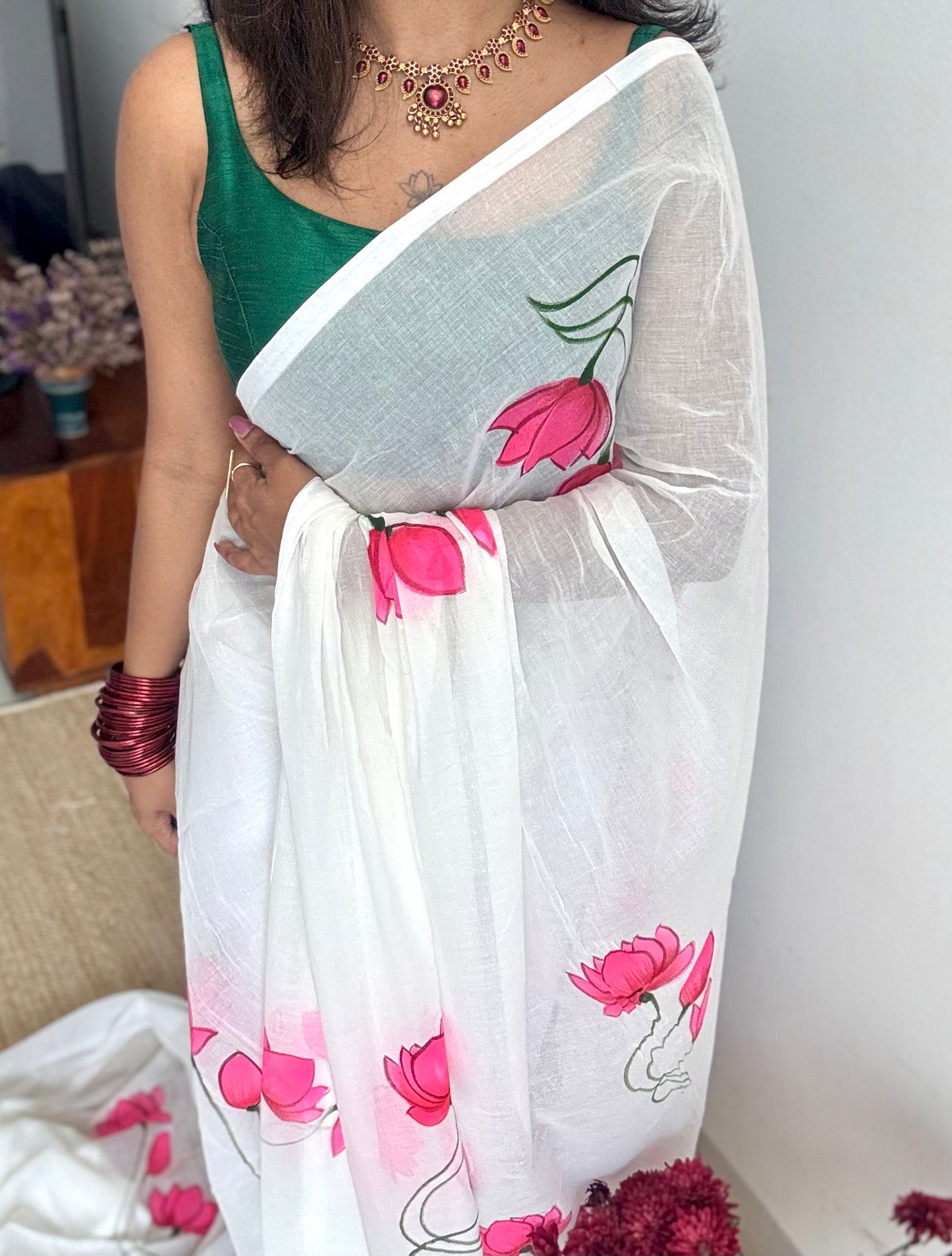 White with bright pink lotus vines, mul cotton - YCON25BCM36