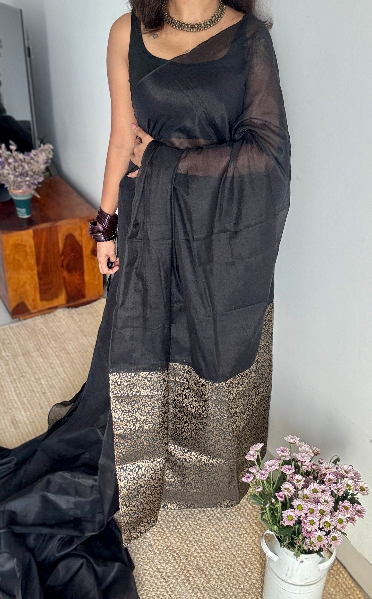 Sunehri Raat - Golden Night : Black with Brocade Black & Gold Pallu & Blouse, Mul Tissue - YCTMEMT03