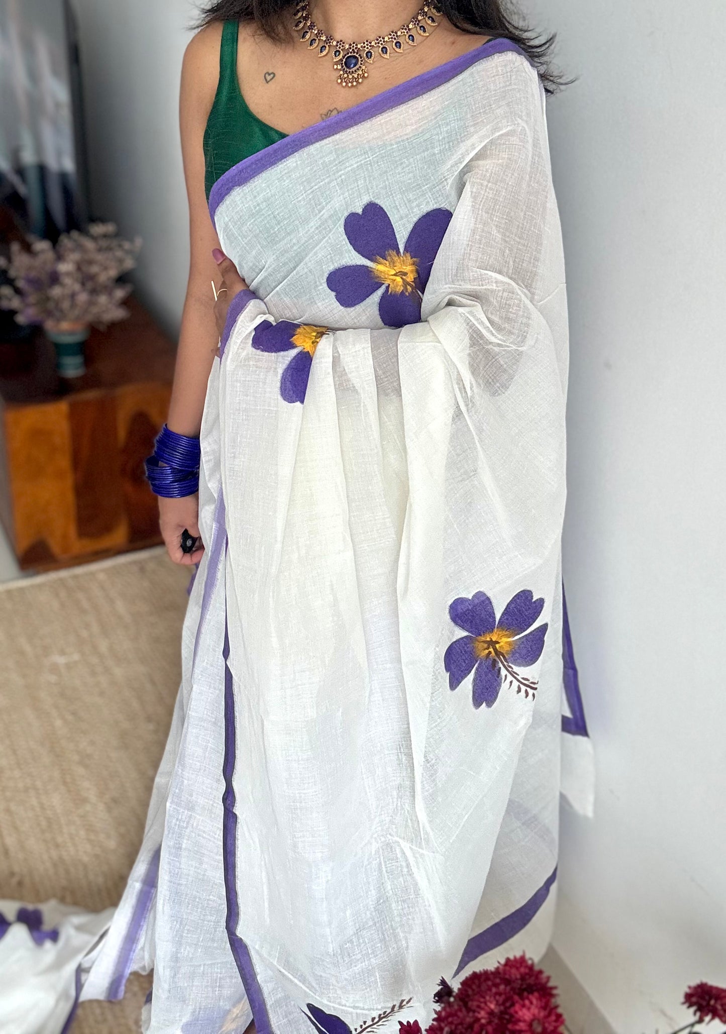 Ivory soft cotton with painted hibiscus flowers in violet - YCON25BCSC48