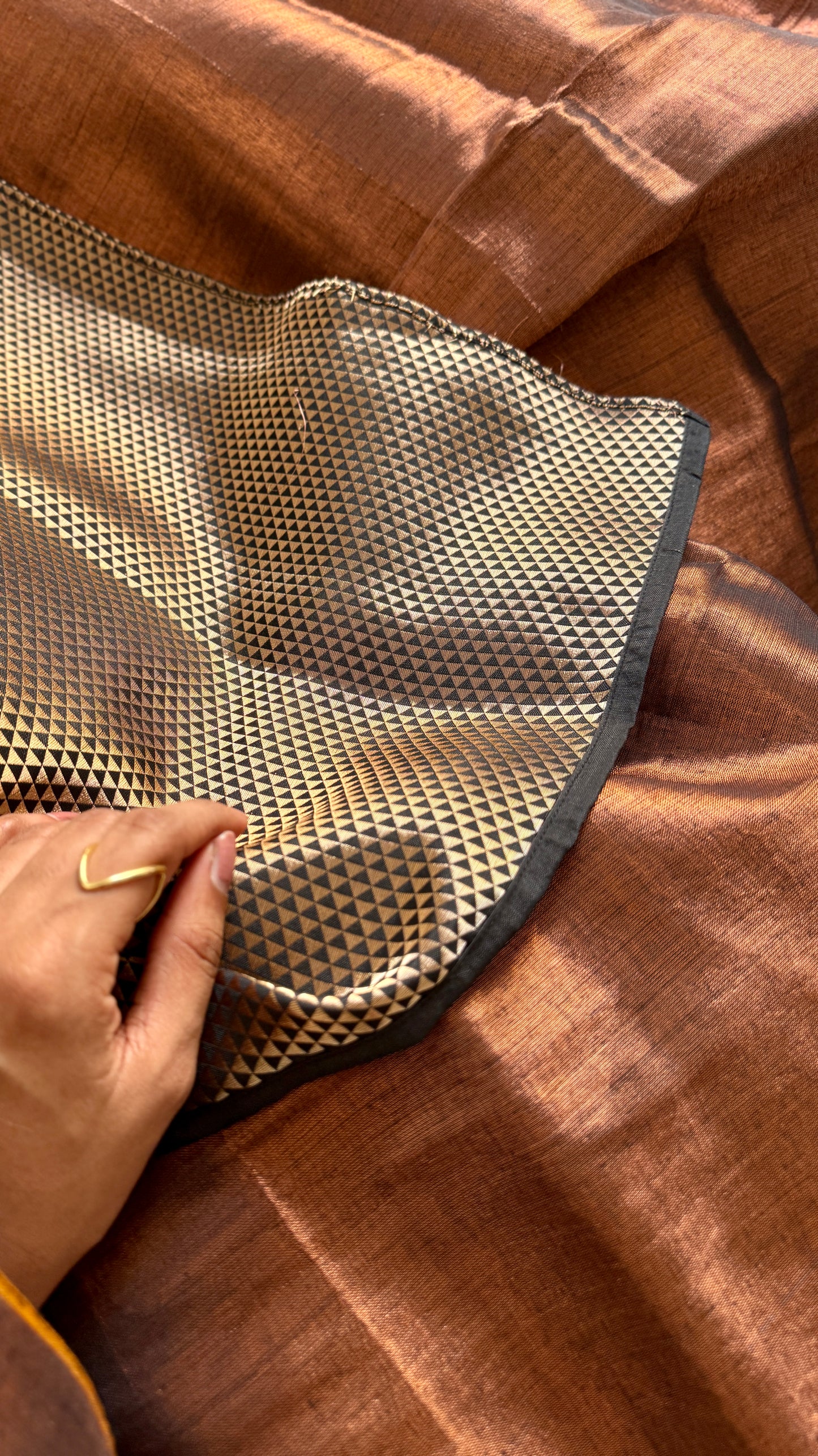 Khoobsurat Saaya - A Beautiful Shadow : Copper with Black and Gold Brocade Pallu & Blouse, Mul Tissue - YCTMEMT01