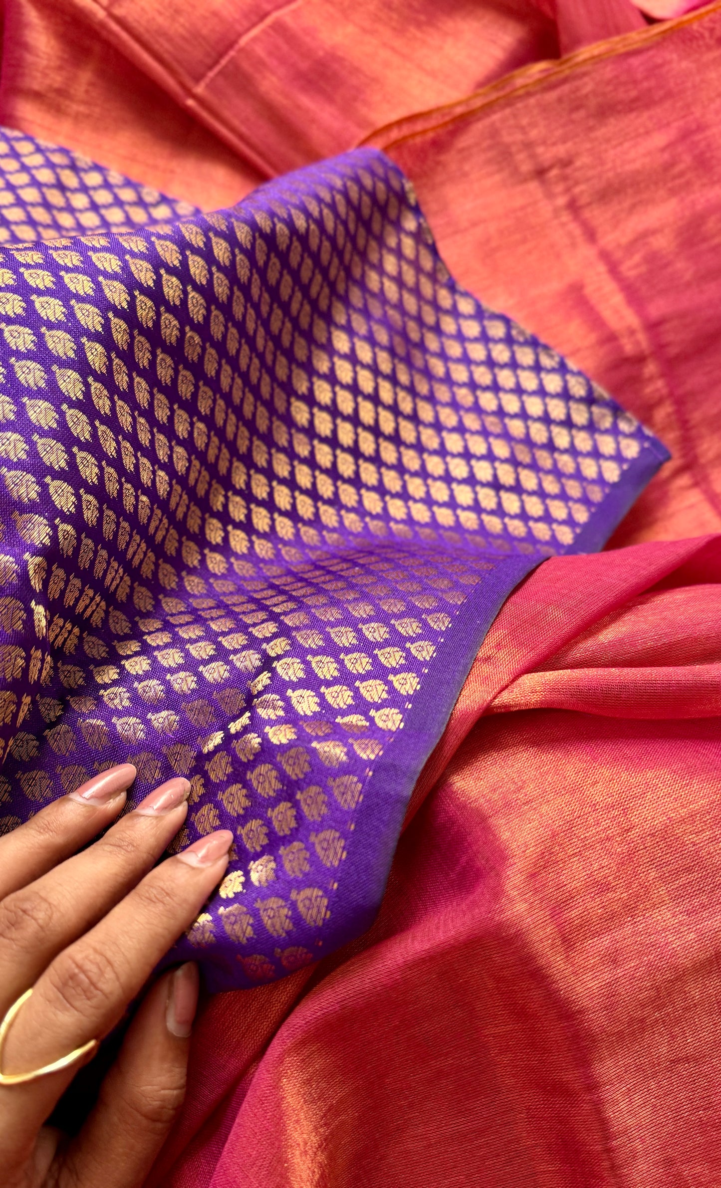 Shaam-e-Zeb - Evening of Elegance: Peach Pink with Purple and Gold Brocade Pallu & Blouse, Mul Tissue - YCTMEMT02