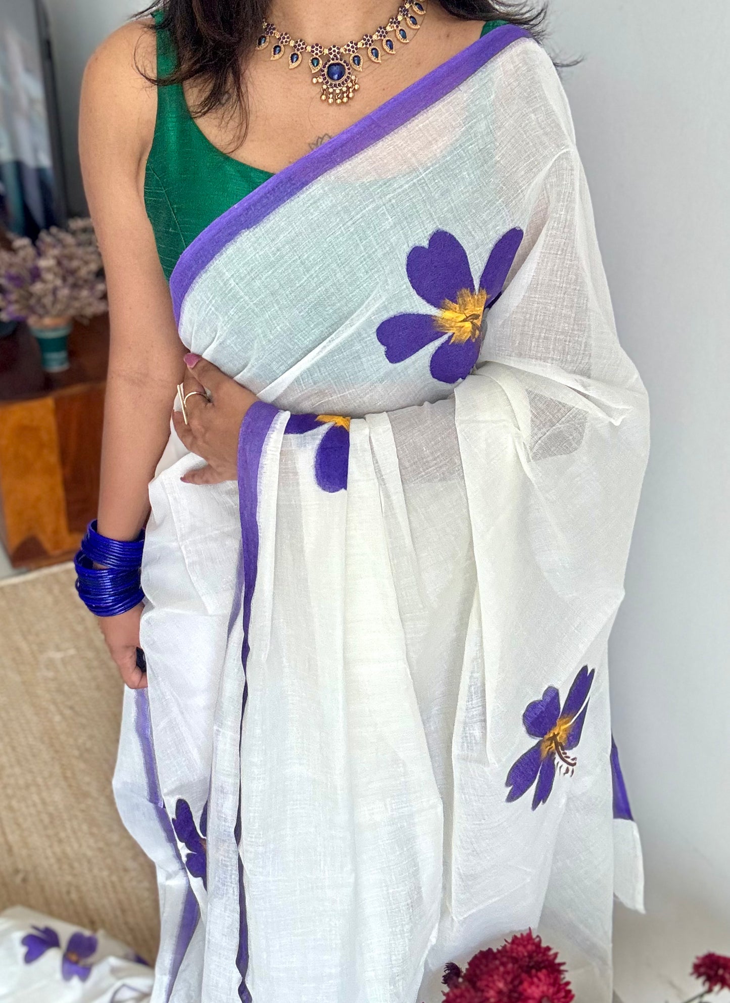 Ivory soft cotton with painted hibiscus flowers in violet - YCON25BCSC48