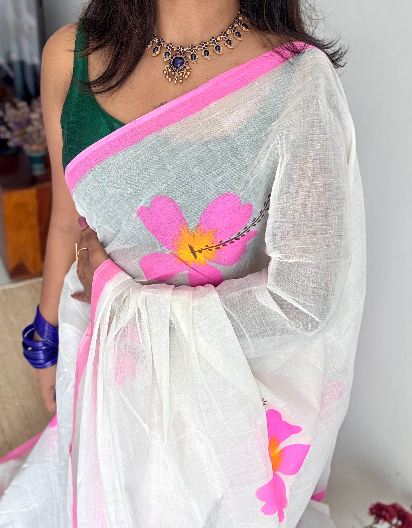 Ivory soft cotton with painted hibiscus flowers in bright pink - YCON25BCSC47